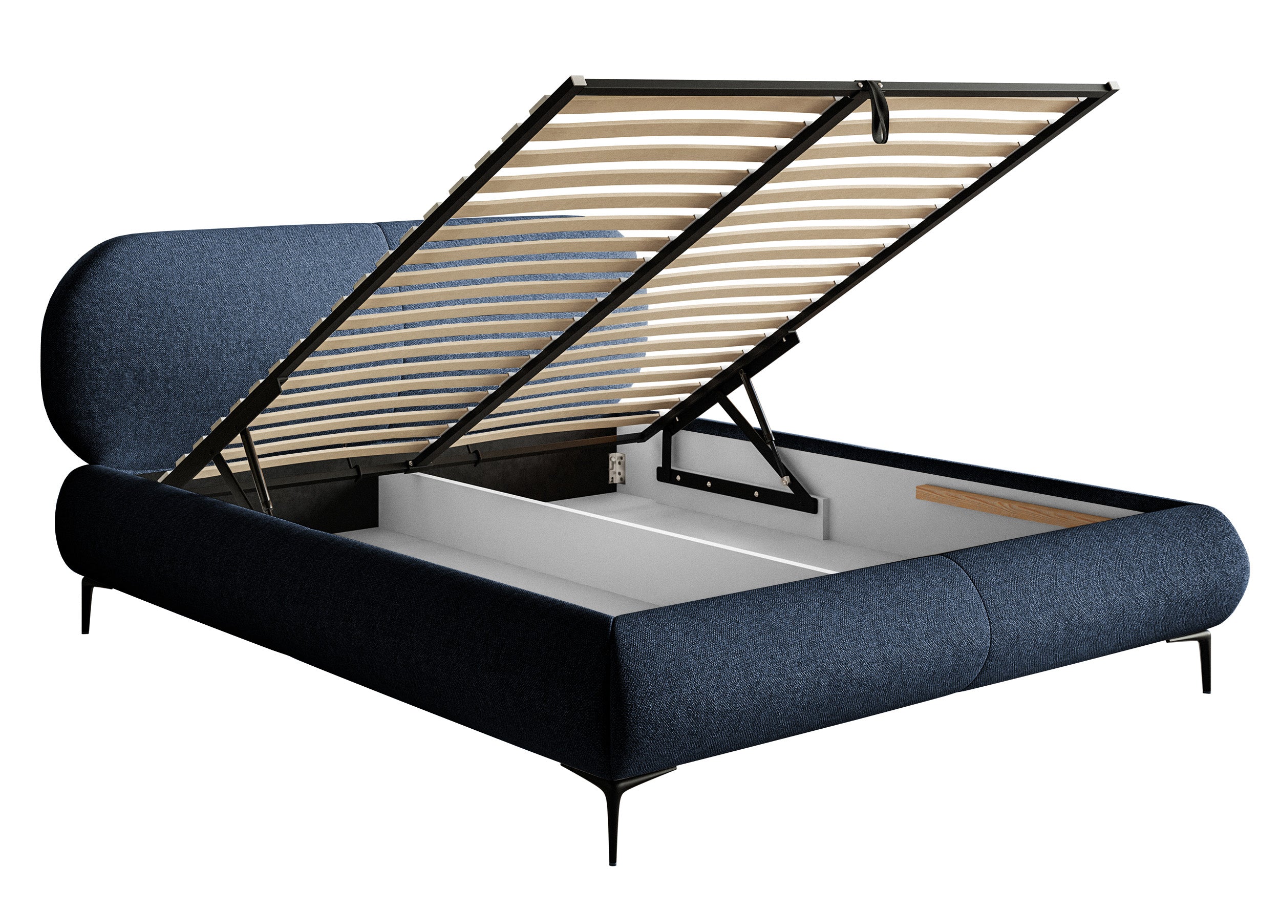 Gepolstertes Bett 160x200 cm Ovalle mit Stauraum, Metallrahmen, marineblaue hydrofobe Flechtung, schwarze Beine