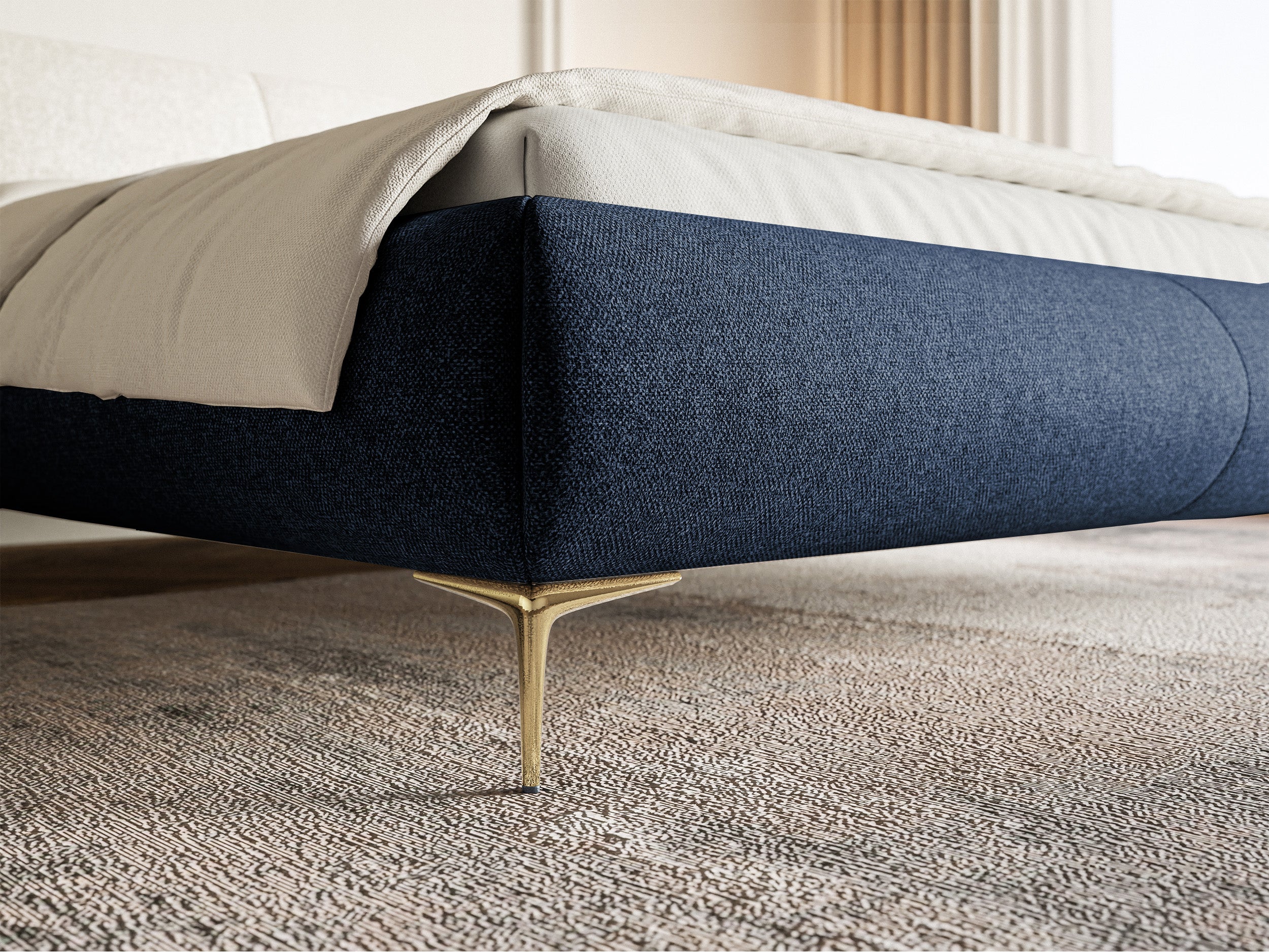 Gepolstertes Bett 160x200 cm Ovalle, marineblau, wasserabweisendes Geflecht, goldene Beine