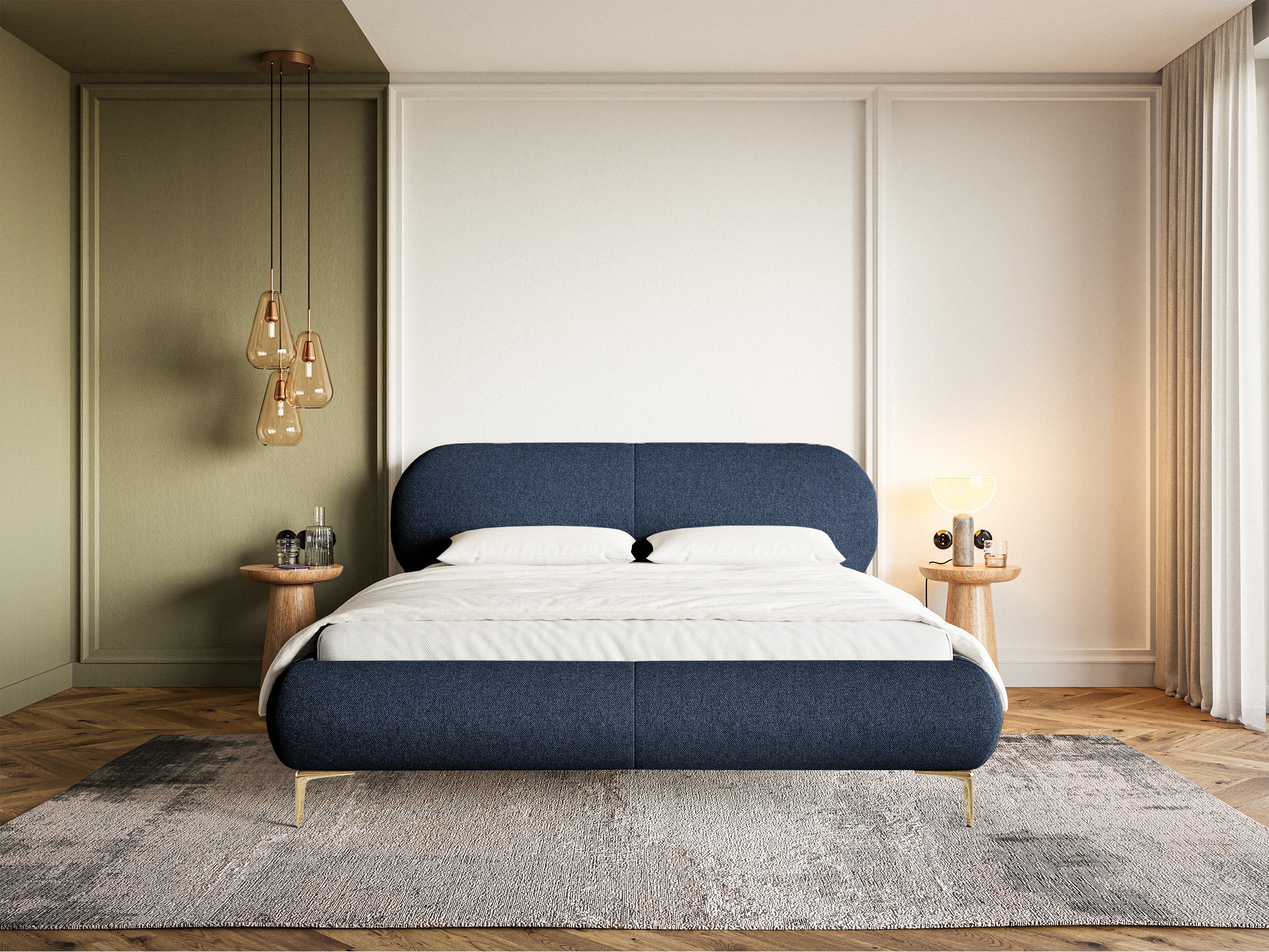 Gepolstertes Bett 160x200 cm Ovalle, marineblau, wasserabweisendes Geflecht, goldene Beine