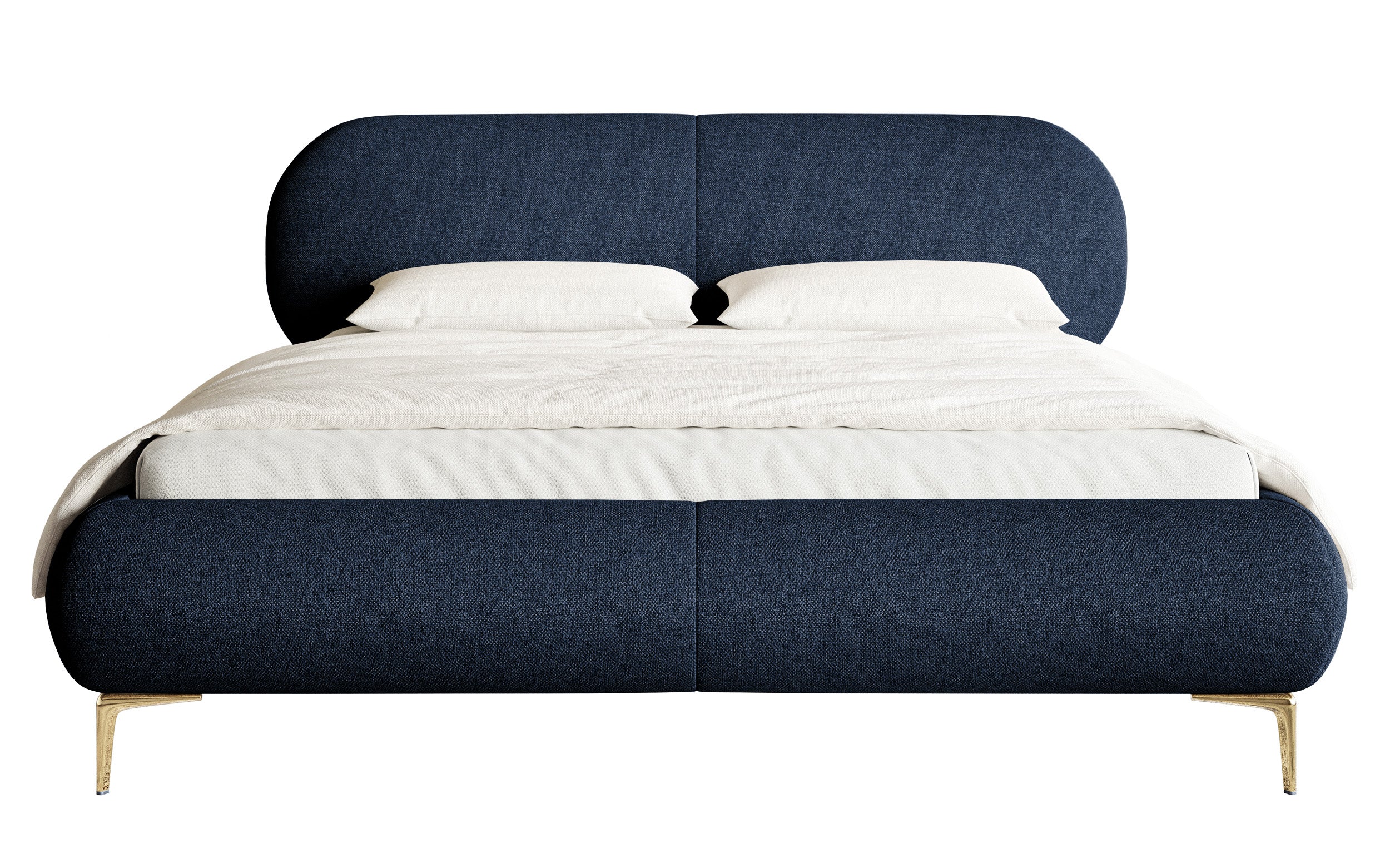 Gepolstertes Bett 160x200 cm Ovalle, marineblau, wasserabweisendes Geflecht, goldene Beine