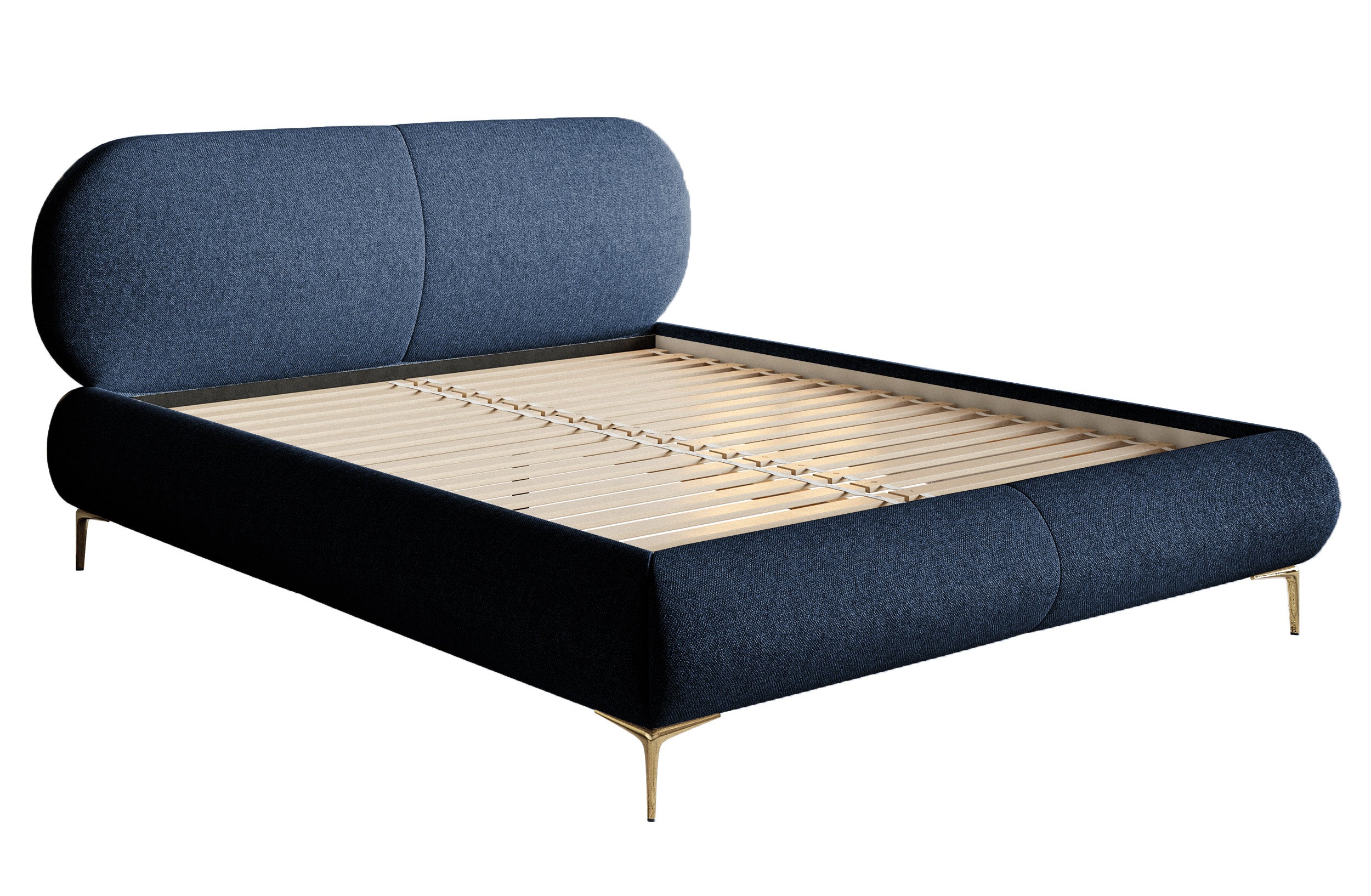 Gepolstertes Bett 160x200 cm Ovalle, marineblau, wasserabweisendes Geflecht, goldene Beine