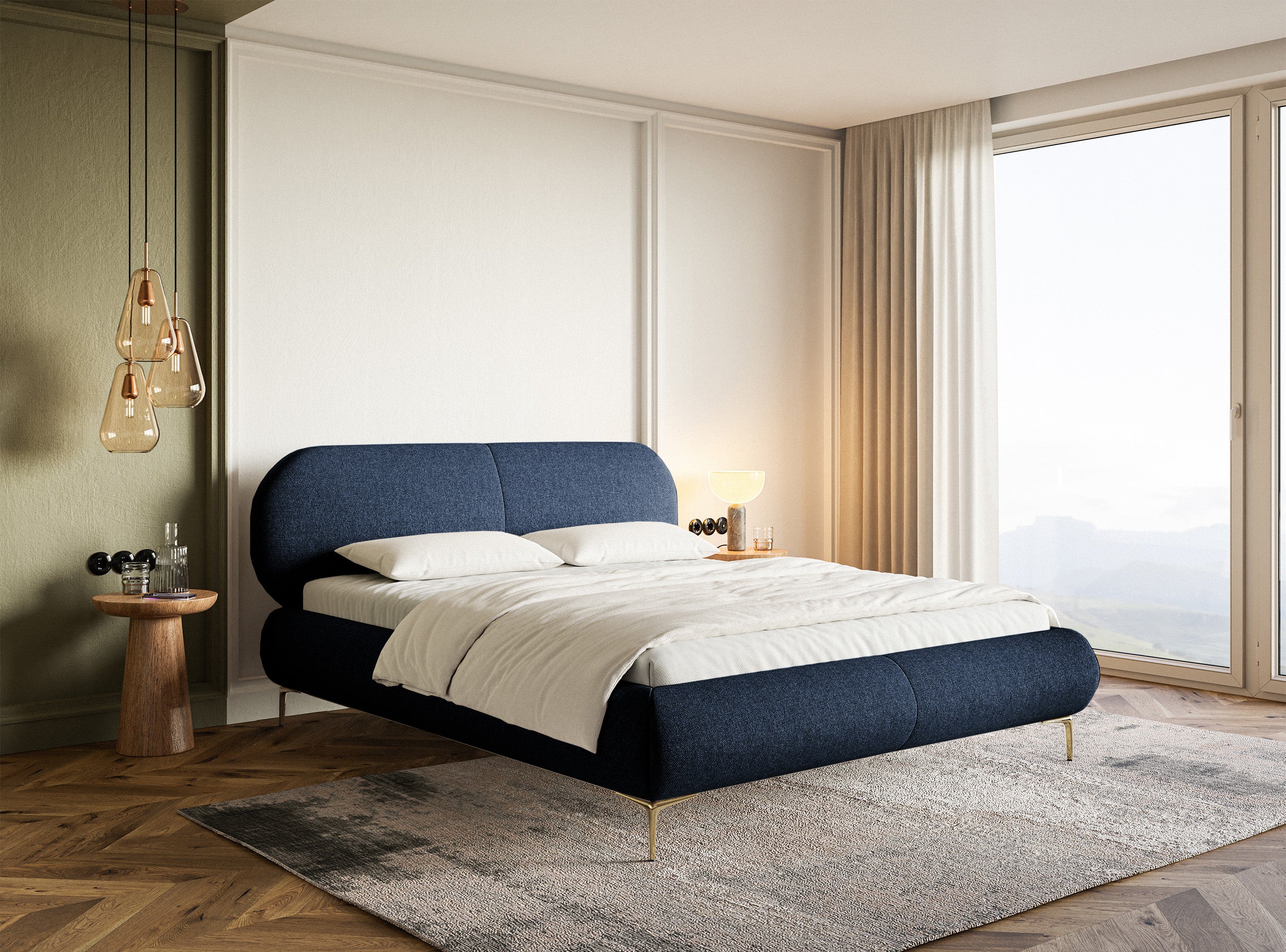 Gepolstertes Bett 160x200 cm Ovalle, marineblau, wasserabweisendes Geflecht, goldene Beine