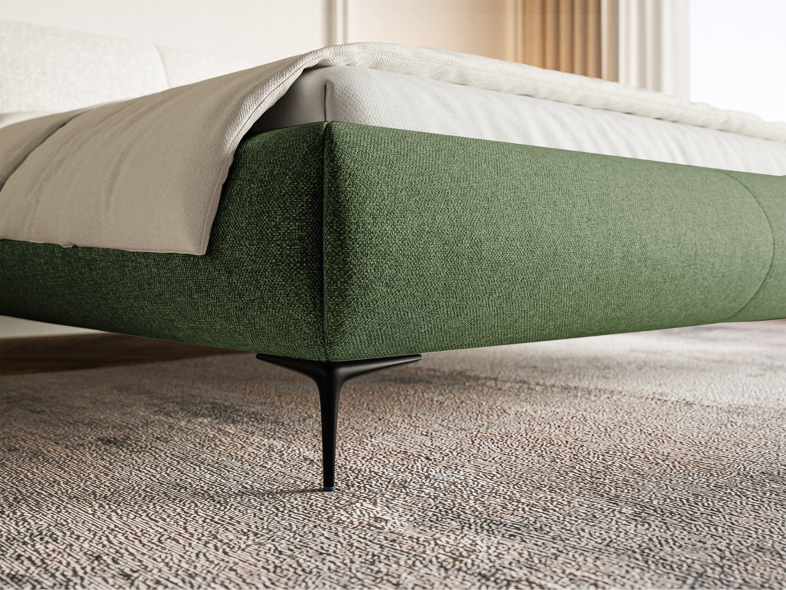 Gepolstertes Bett 160x200 cm Ovalle olivgrün mit hydrophober Flechtung, schwarze Beine