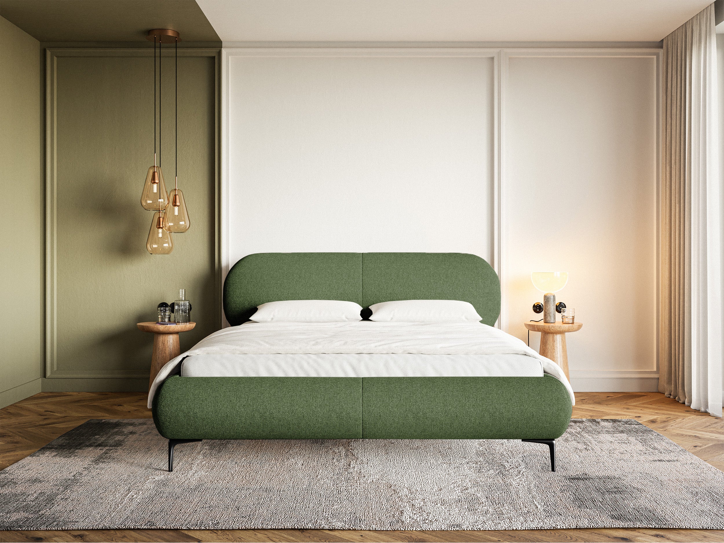 Gepolstertes Bett 160x200 cm Ovalle olivgrün mit hydrophober Flechtung, schwarze Beine
