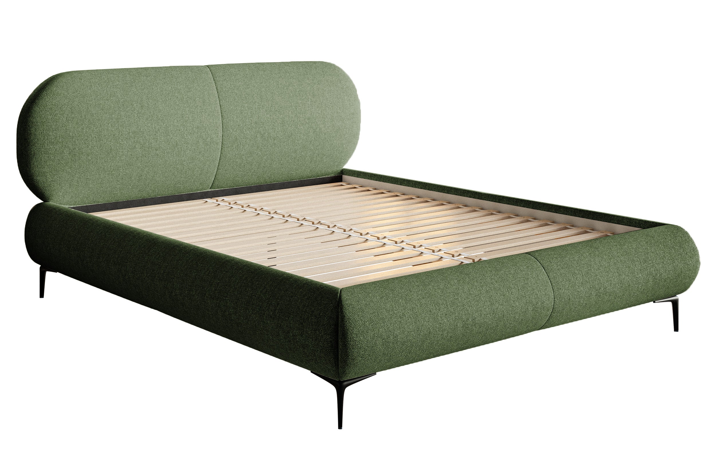 Gepolstertes Bett 160x200 cm Ovalle olivgrün mit hydrophober Flechtung, schwarze Beine