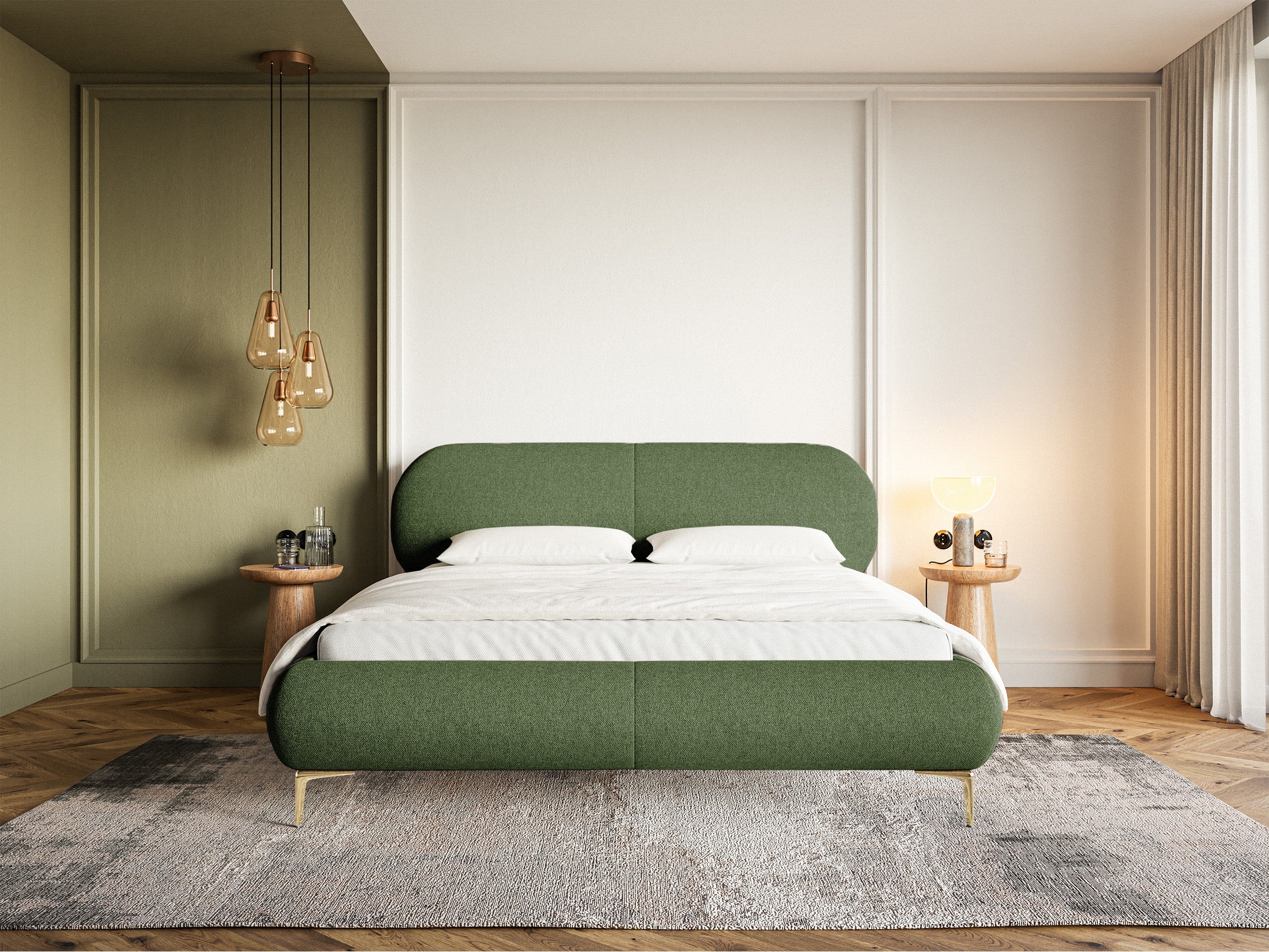 Gepolstertes Bett 160x200 cm Ovalle olivgrün, hydrophobe Flechtung, goldene Beine