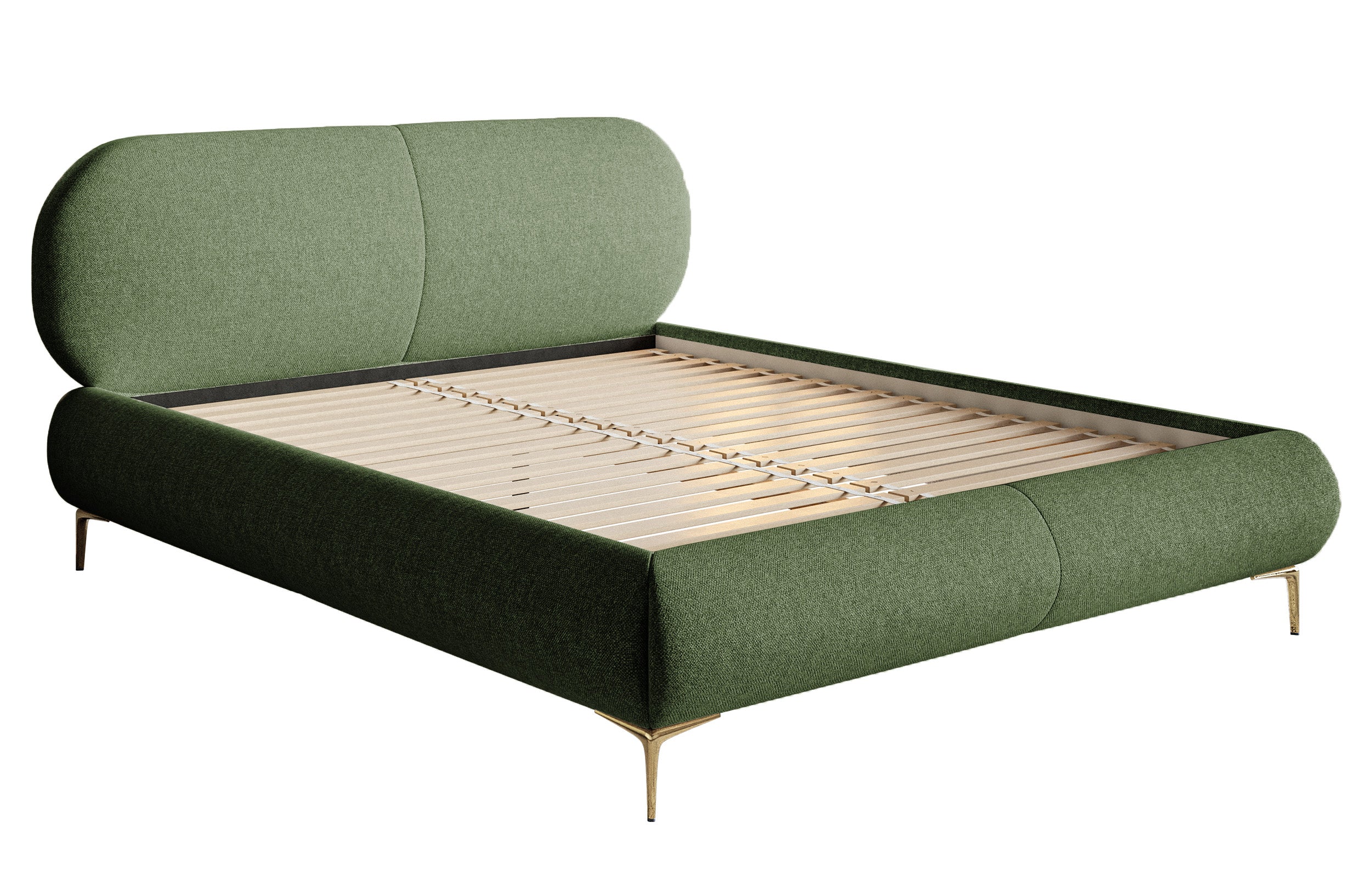 Gepolstertes Bett 160x200 cm Ovalle olivgrün, hydrophobe Flechtung, goldene Beine