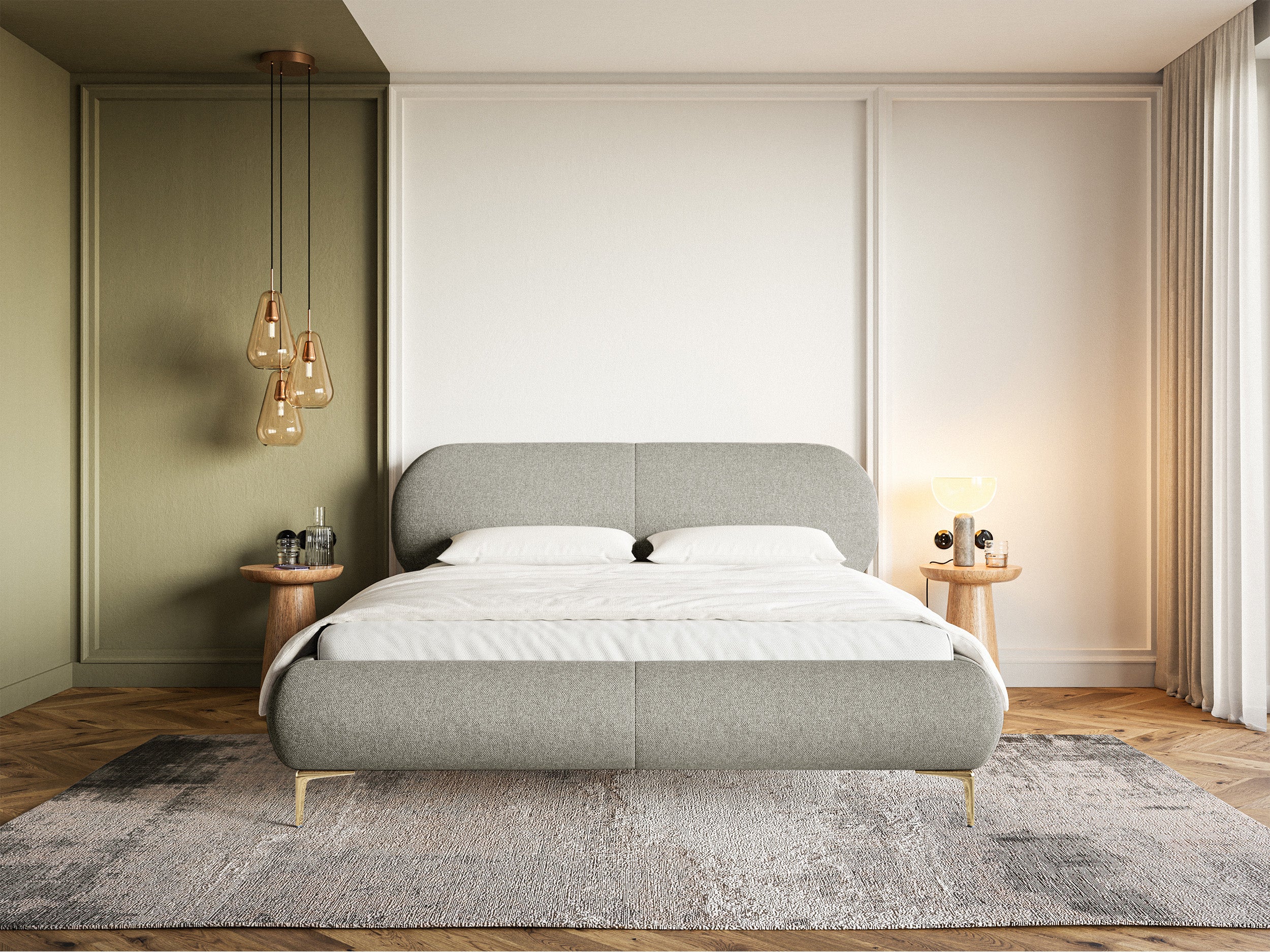 Gepolstertes Bett 180x200 cm Ovalle, grau, wasserabweisendes Geflecht, goldene Beine
