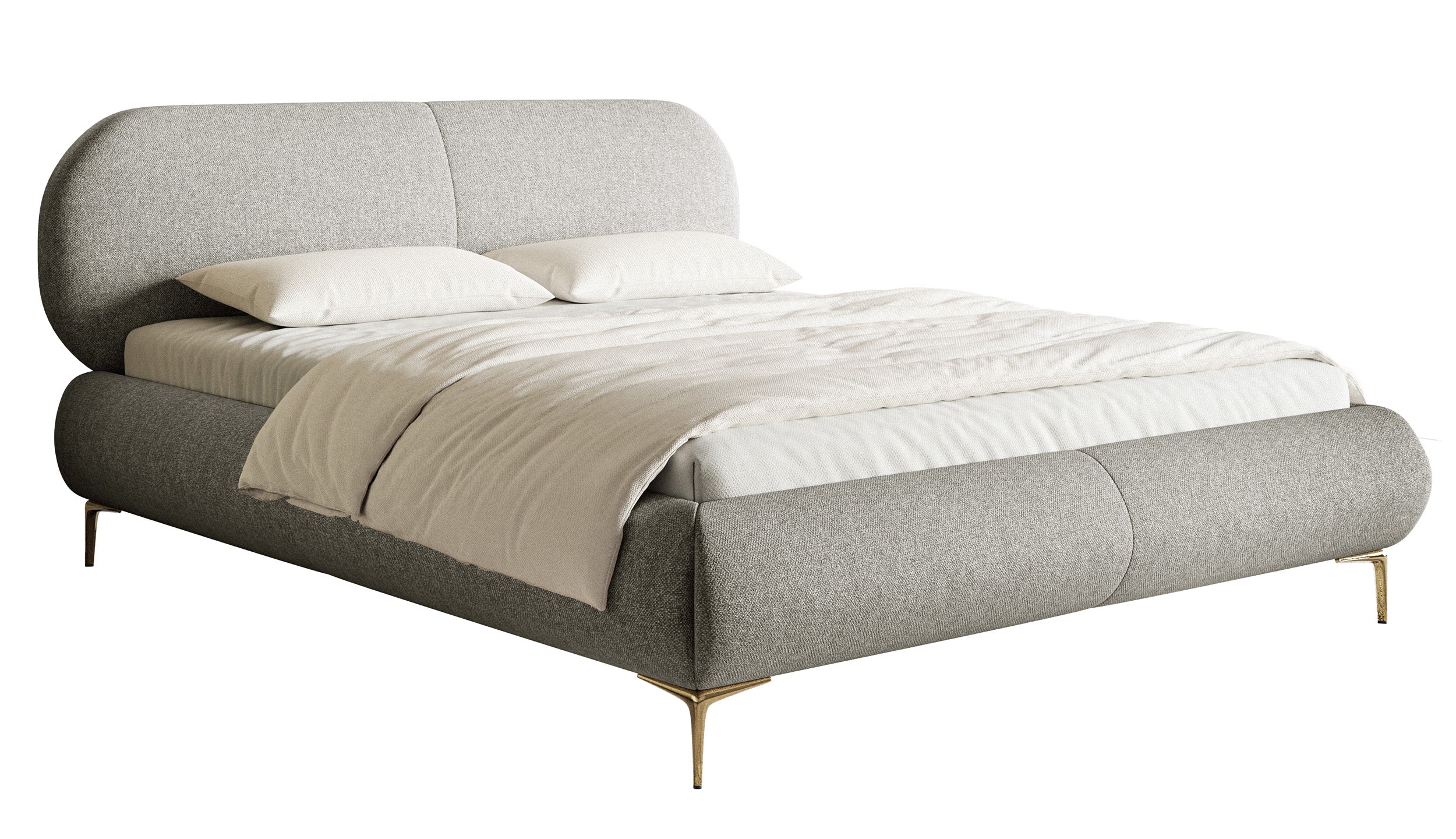 Gepolstertes Bett 180x200 cm Ovalle, grau, wasserabweisendes Geflecht, goldene Beine
