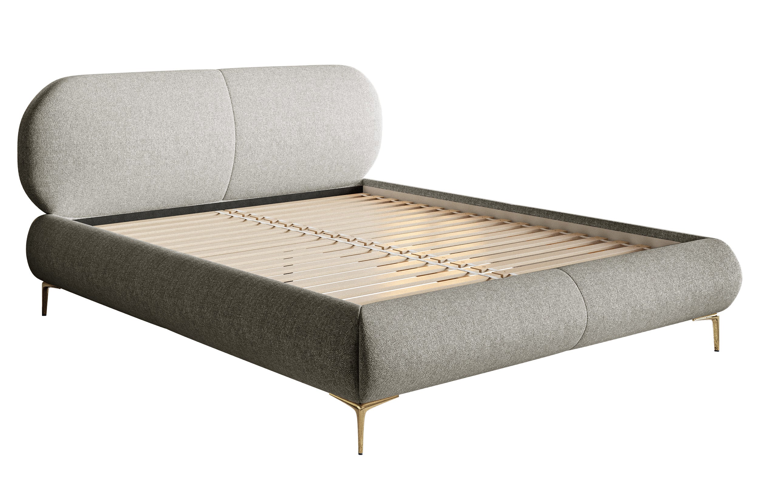 Gepolstertes Bett 180x200 cm Ovalle, grau, wasserabweisendes Geflecht, goldene Beine
