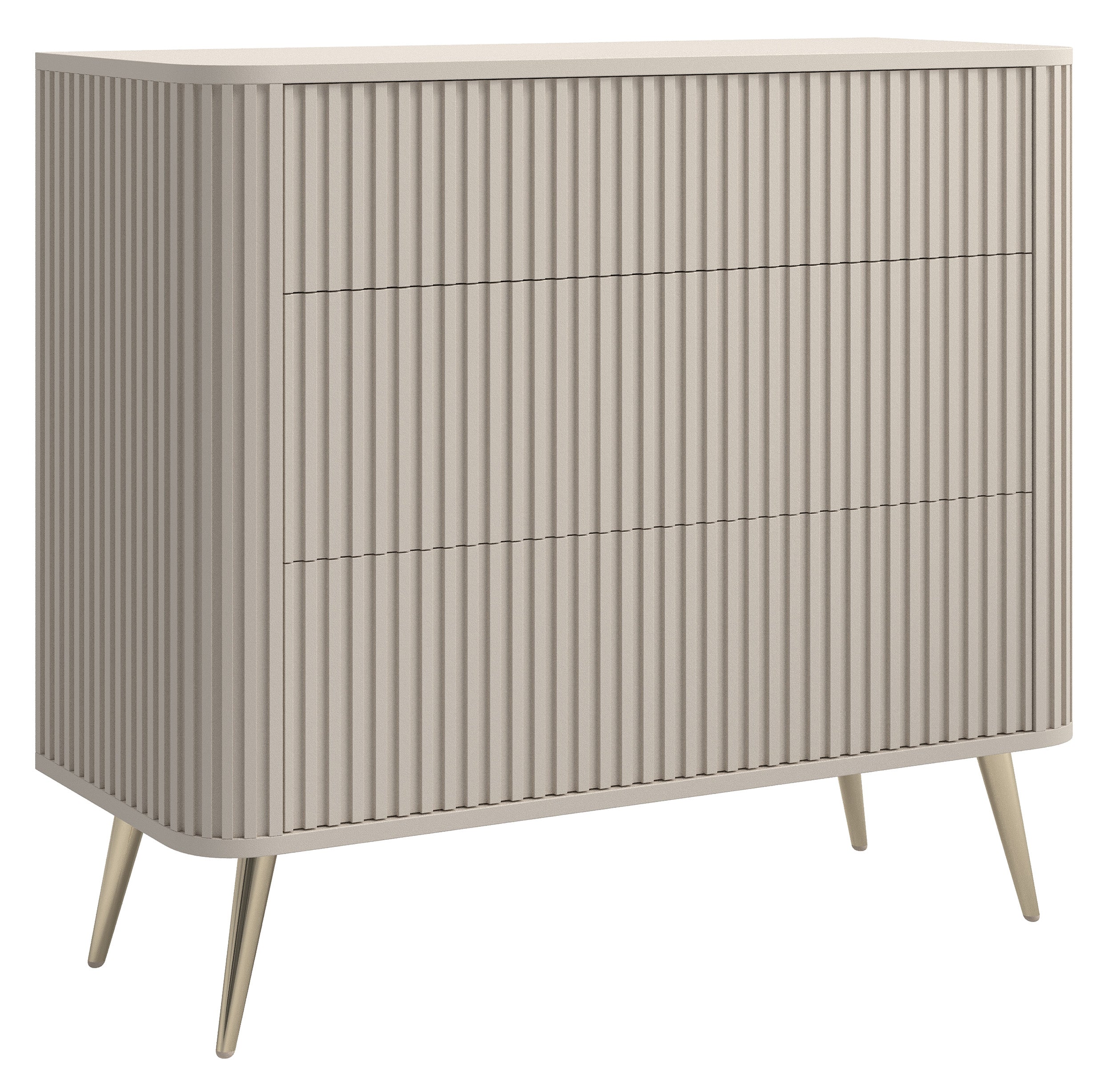 Kommode Ovarlo mit Fräsungen und drei Schubladen, 93 cm, sandbeige mit goldenen Beinen
