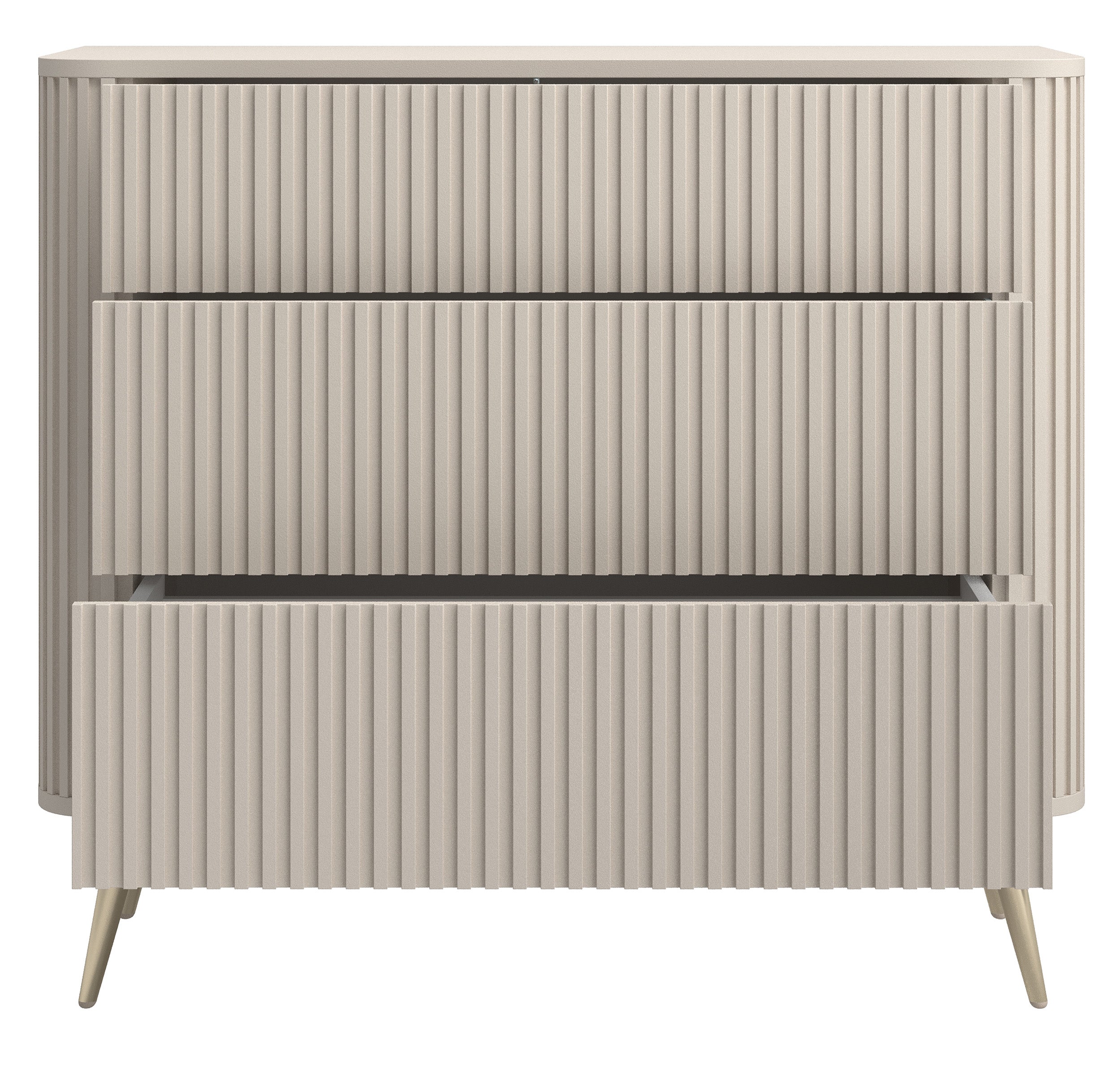 Kommode Ovarlo mit Fräsungen und drei Schubladen, 93 cm, sandbeige mit goldenen Beinen