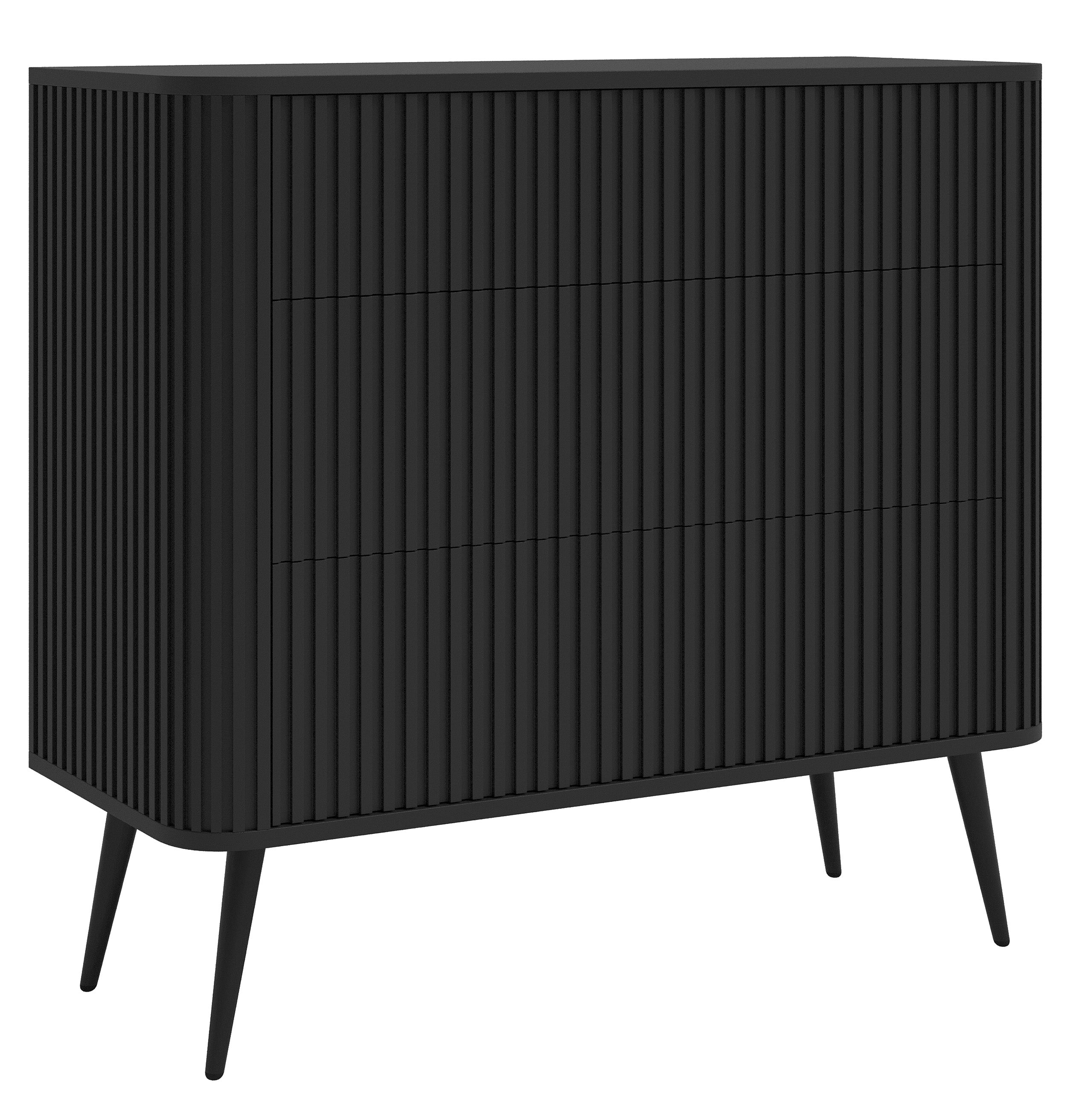 Kommode Ovarlo mit Fräsungen und drei Schubladen, 93 cm, schwarz mit schwarzen Beinen