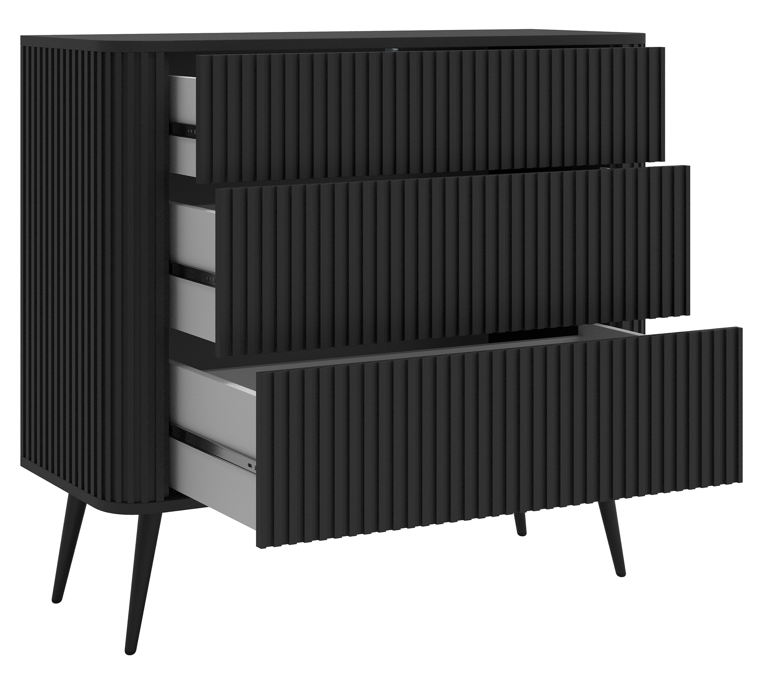 Kommode Ovarlo mit Fräsungen und drei Schubladen, 93 cm, schwarz mit schwarzen Beinen
