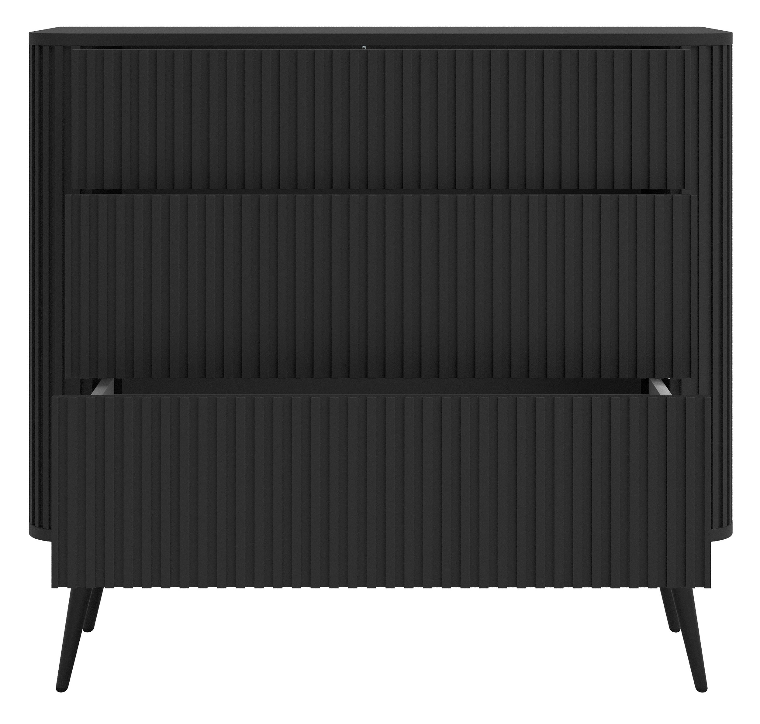 Kommode Ovarlo mit Fräsungen und drei Schubladen, 93 cm, schwarz mit schwarzen Beinen