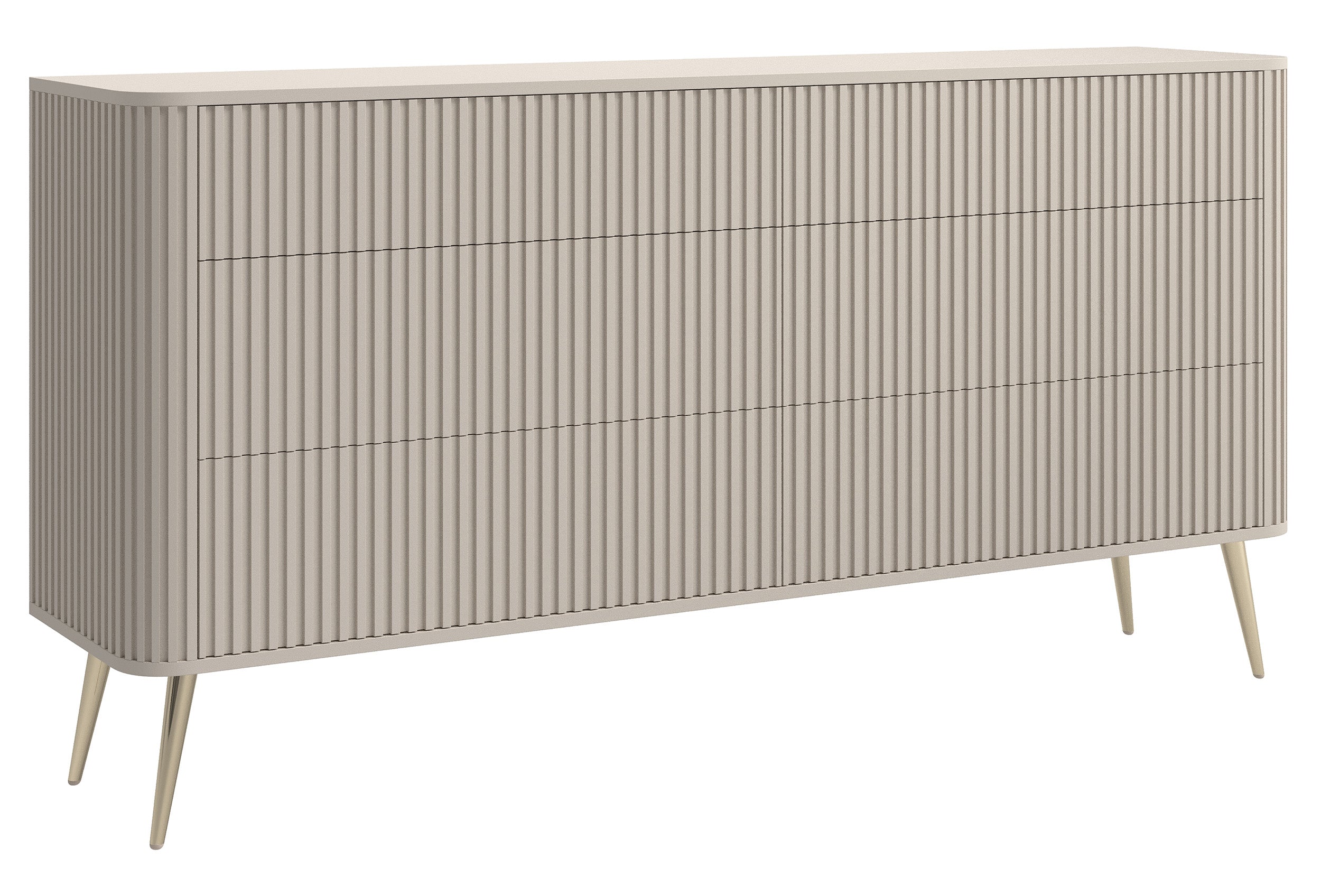 Kommode Ovarlo mit Fräsungen und sechs Schubladen, 168 cm, sandbeige mit goldenen Beinen