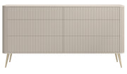 Kommode Ovarlo mit Fräsungen und sechs Schubladen, 168 cm, sandbeige mit goldenen Beinen