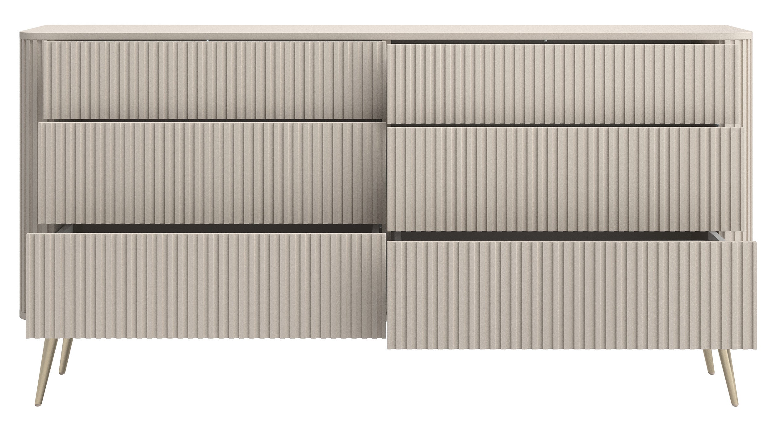 Kommode Ovarlo mit Fräsungen und sechs Schubladen, 168 cm, sandbeige mit goldenen Beinen