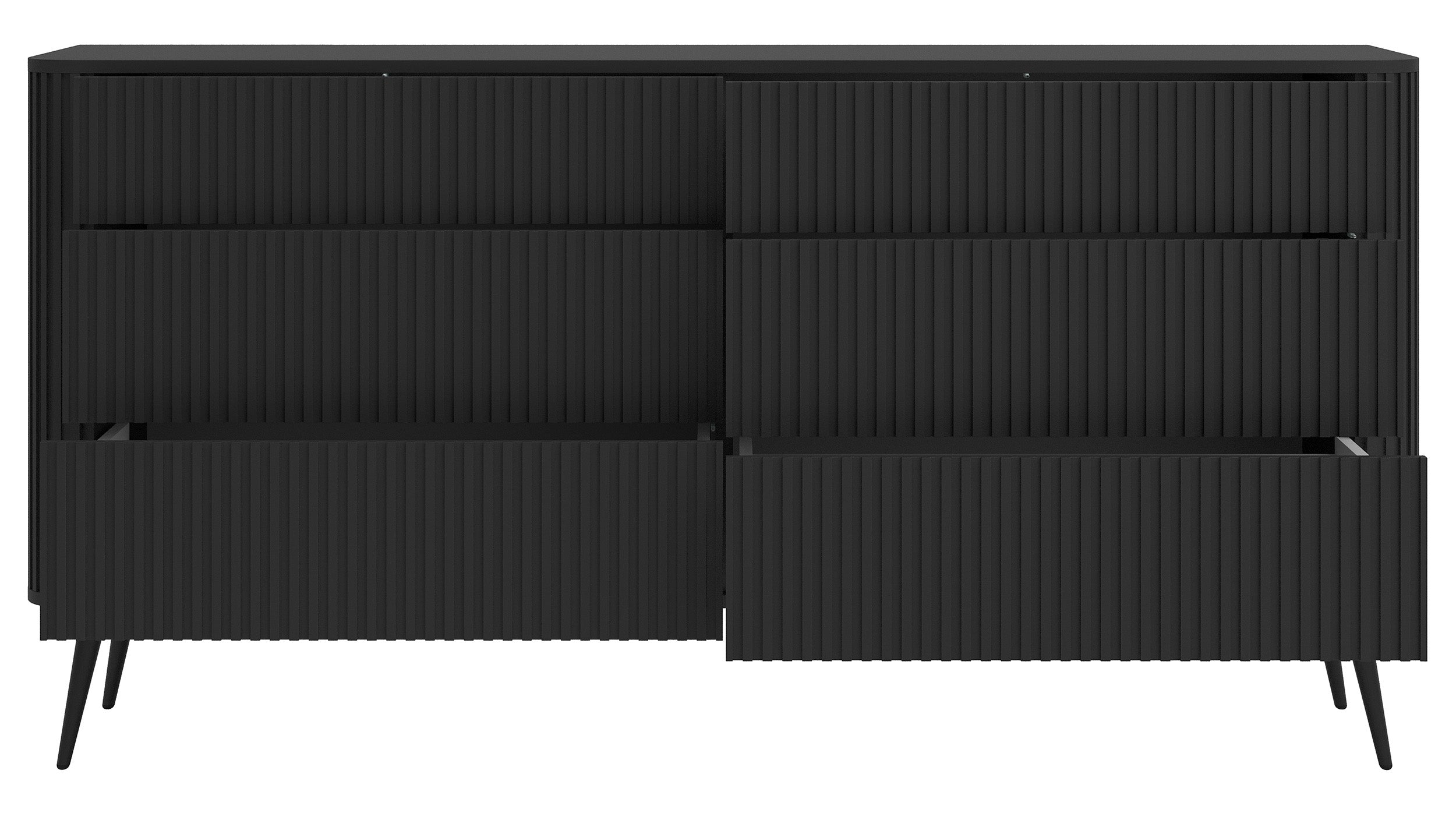 Kommode Ovarlo mit Fräsungen und sechs Schubladen, 168 cm, schwarz mit schwarzen Beinen
