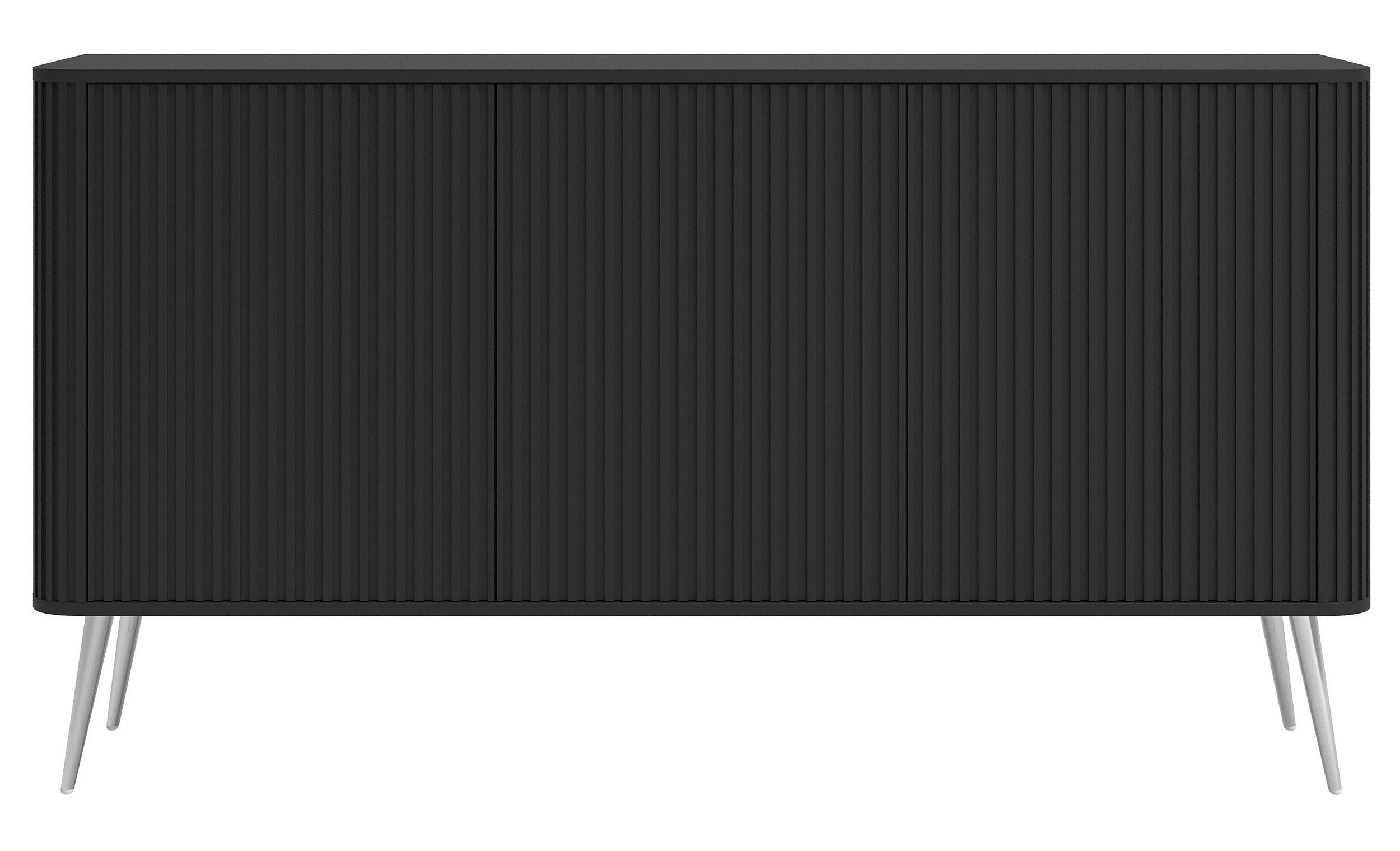Kommode Ovarlo mit drei Türen, 163 cm, schwarz mit silbernen Beinen