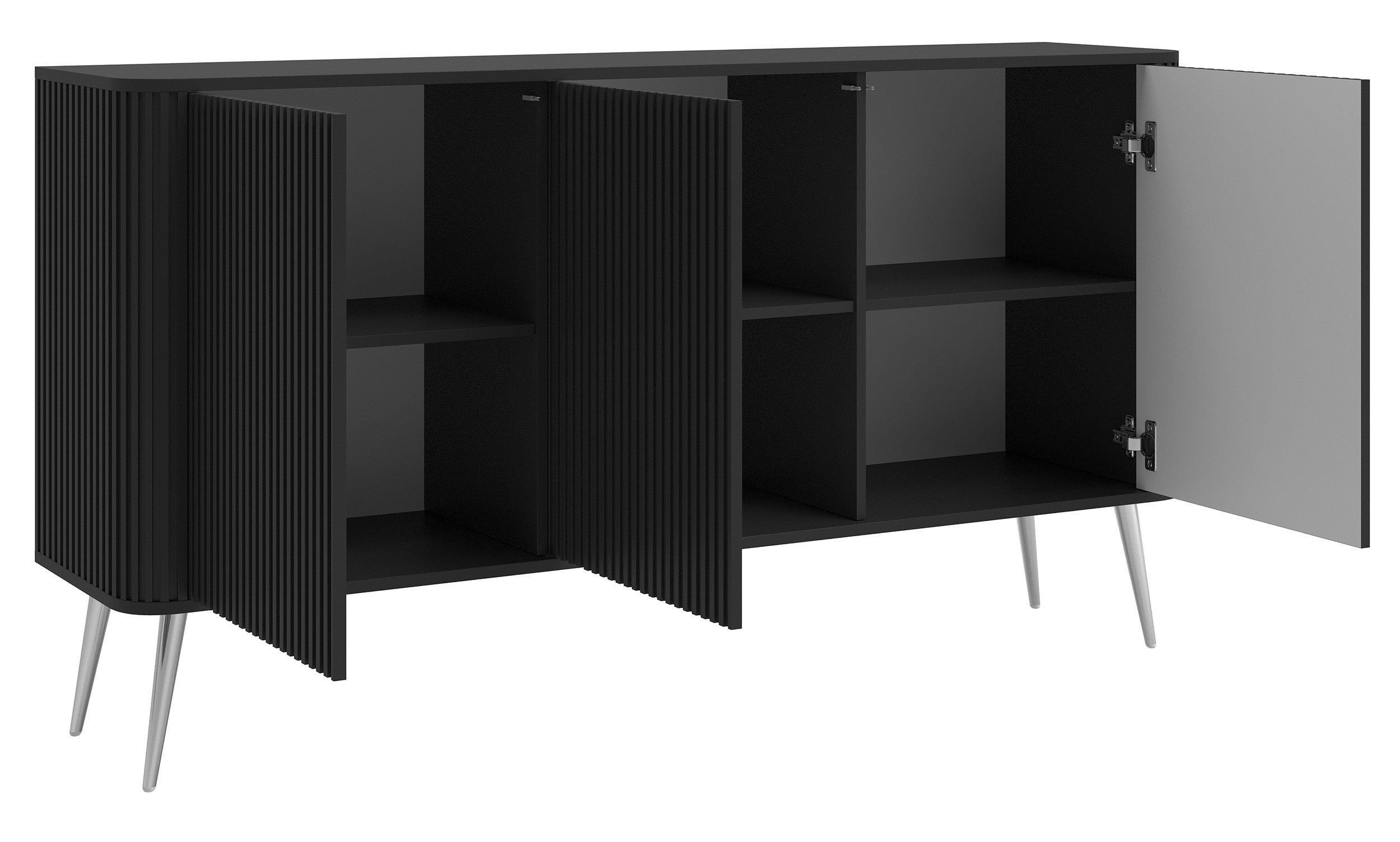 Kommode Ovarlo mit drei Türen, 163 cm, schwarz mit silbernen Beinen