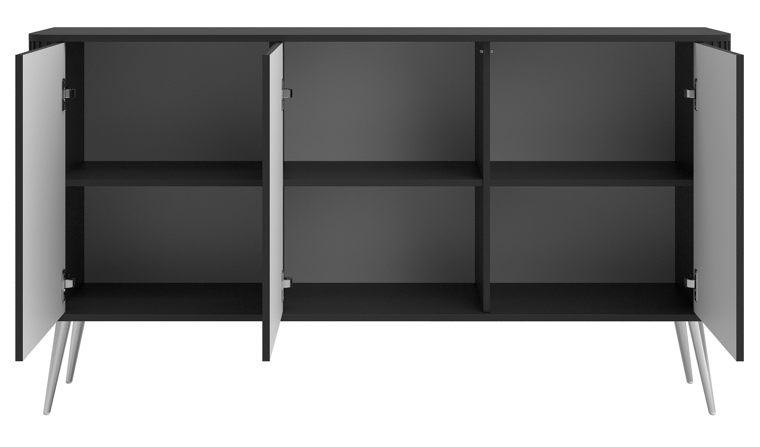 Kommode Ovarlo mit drei Türen, 163 cm, schwarz mit silbernen Beinen