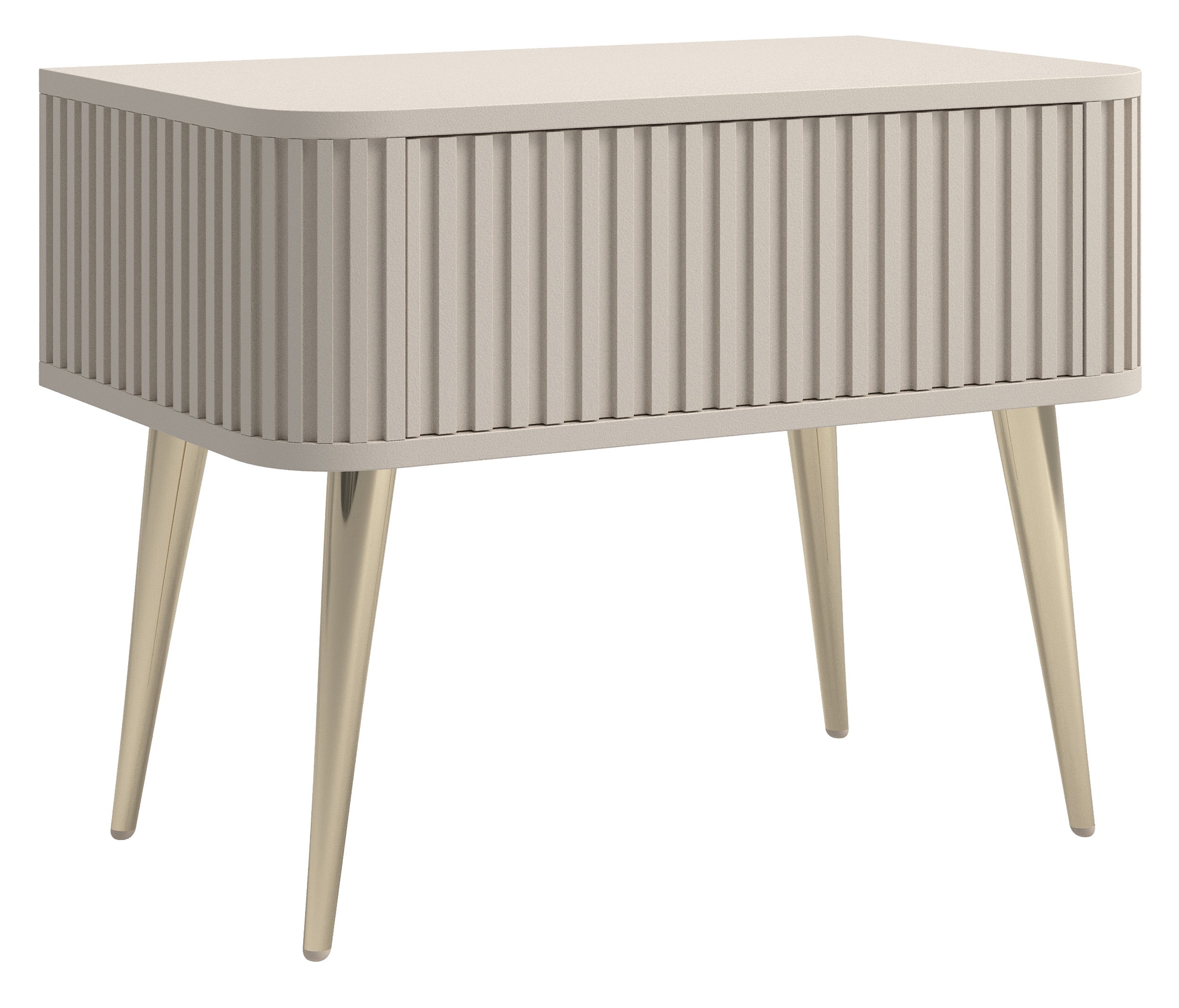 Nachttisch Ovarlo mit Rillen und Schublade, 63 cm, sandbeige mit goldenen Beinen