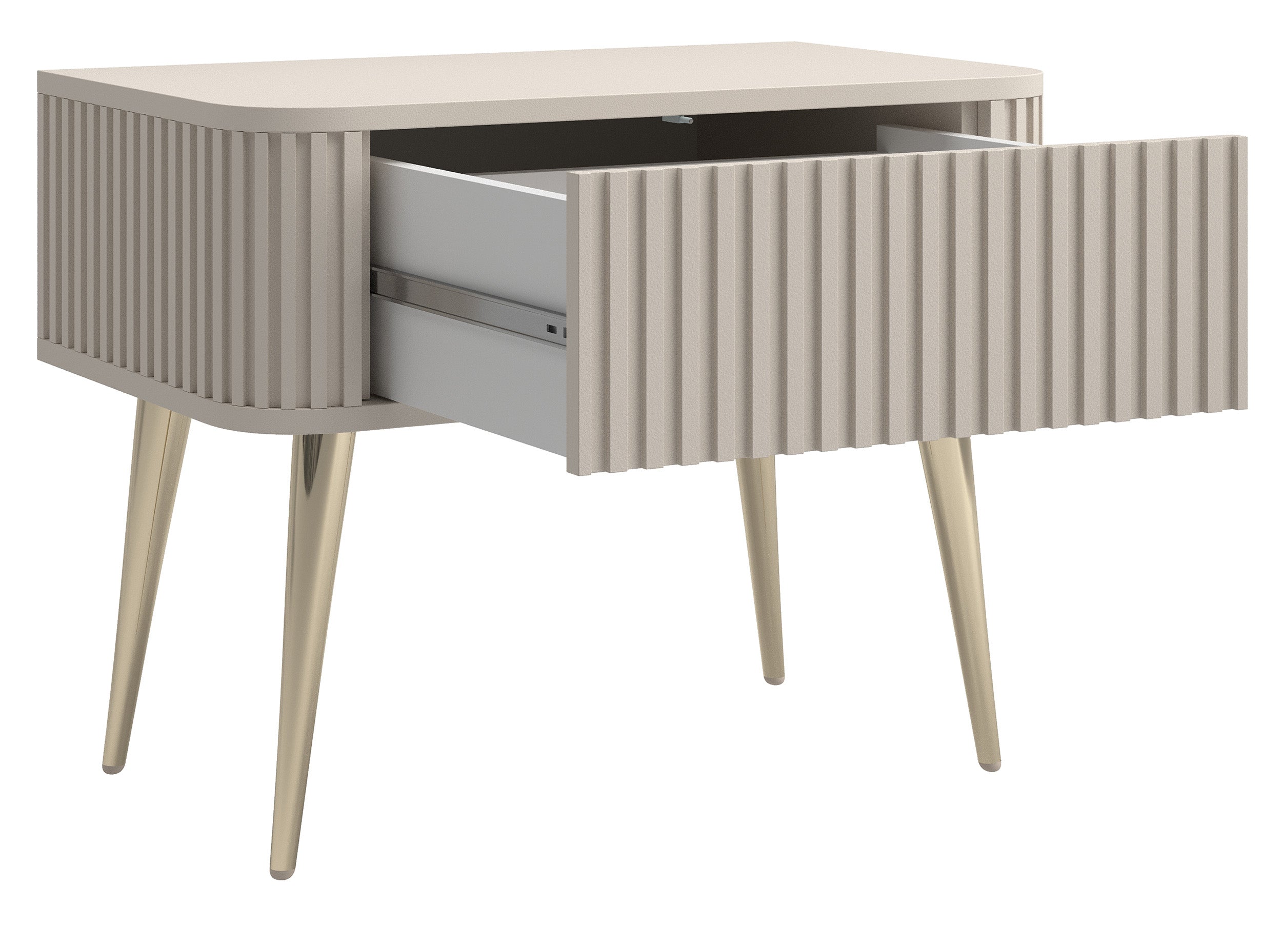 Nachttisch Ovarlo mit Rillen und Schublade, 63 cm, sandbeige mit goldenen Beinen