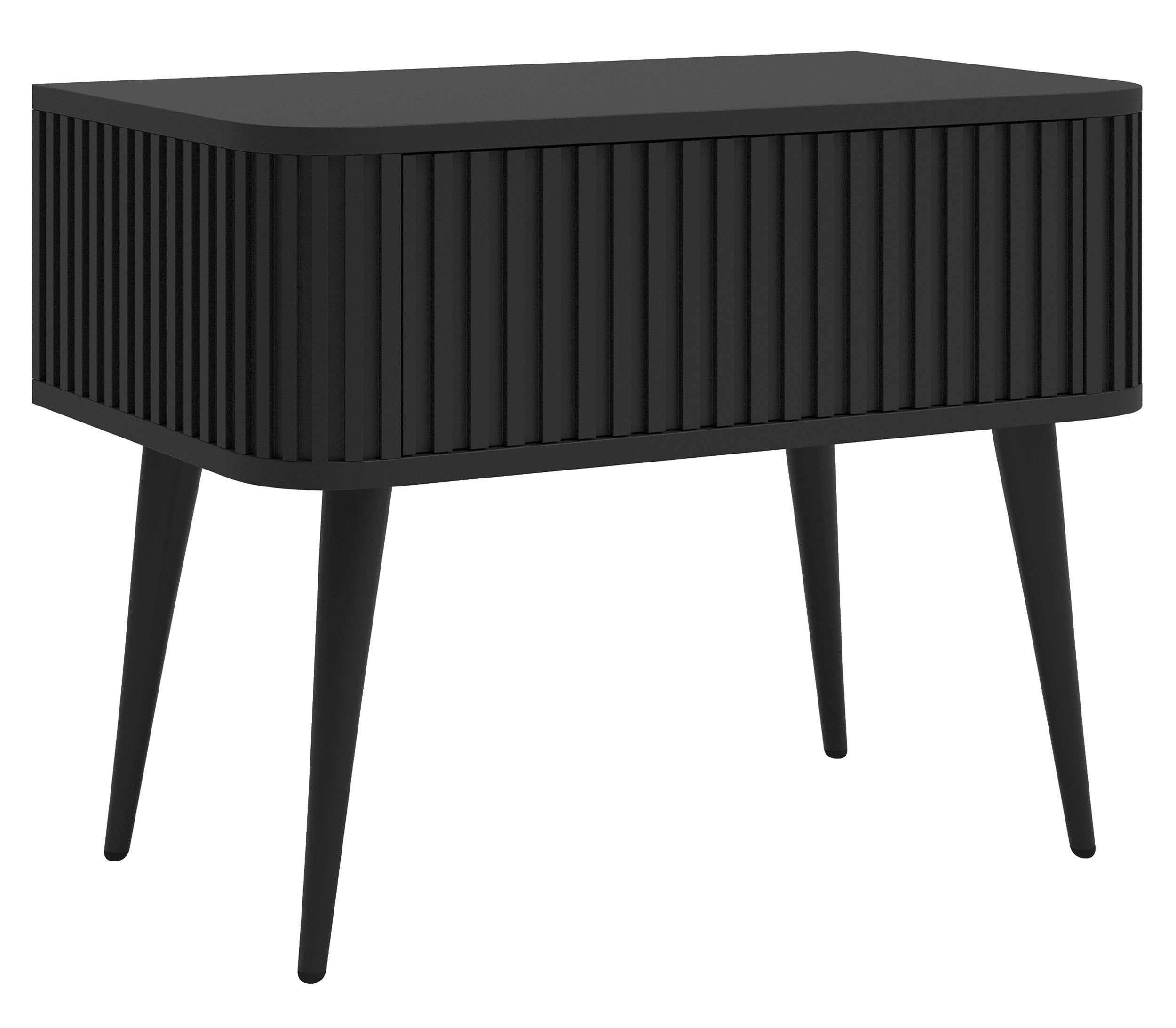 Nachttisch Ovarlo mit Rillen und Schublade 63 cm schwarz mit schwarzen Beinen