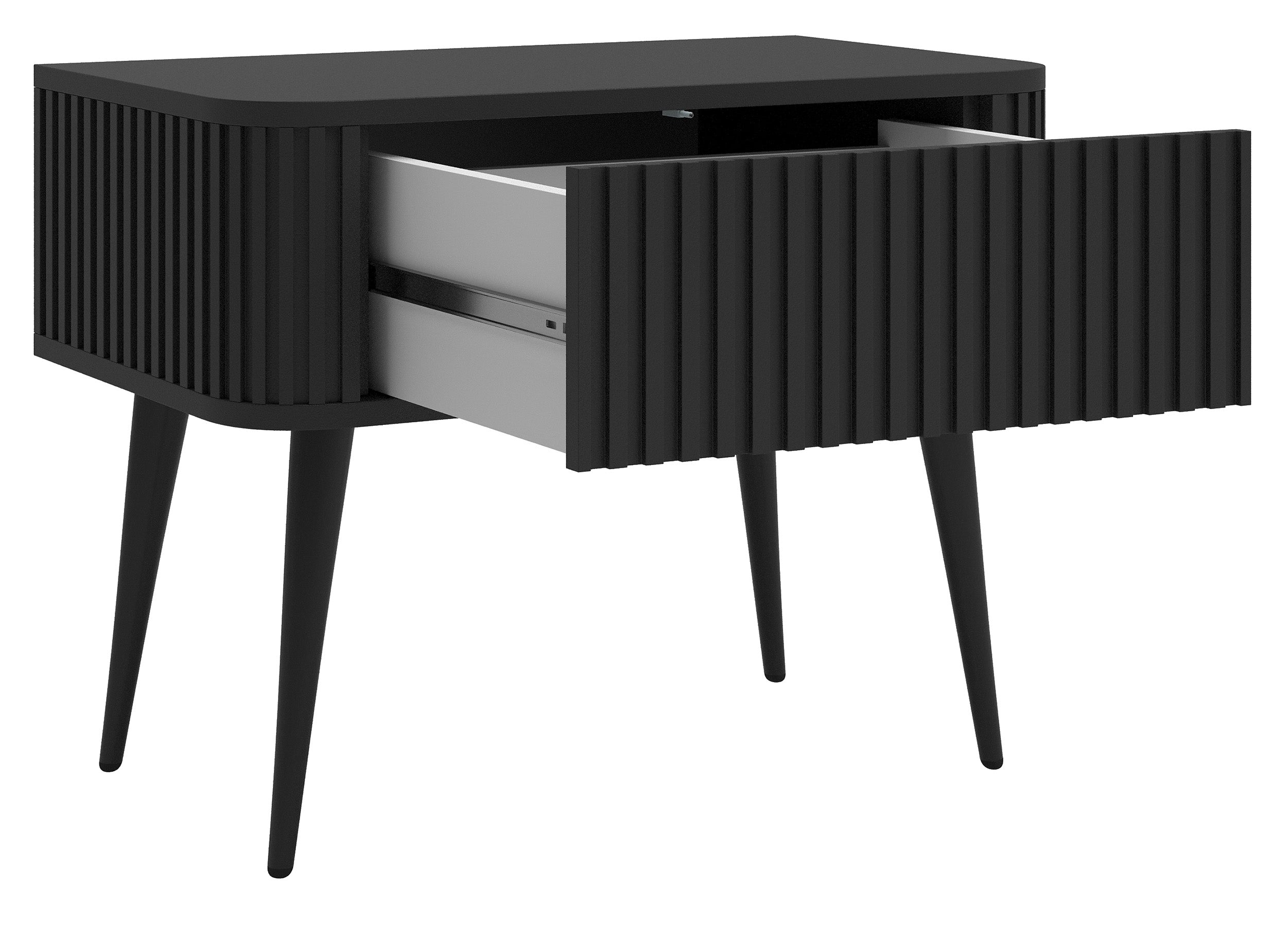 Nachttisch Ovarlo mit Rillen und Schublade 63 cm schwarz mit schwarzen Beinen