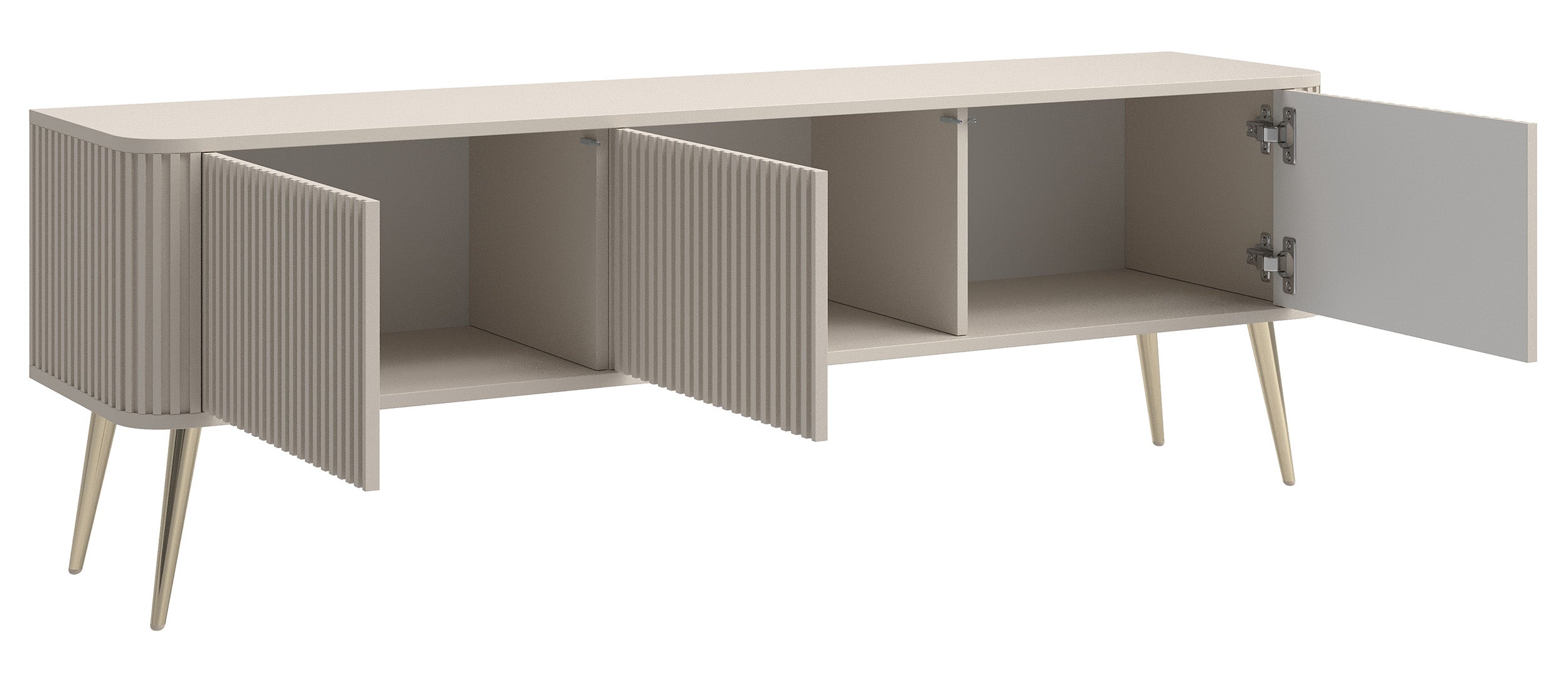 TV-Schrank Ovarlo mit Rillen, dreitürig, 163 cm, sandbeige mit goldenen Beinen