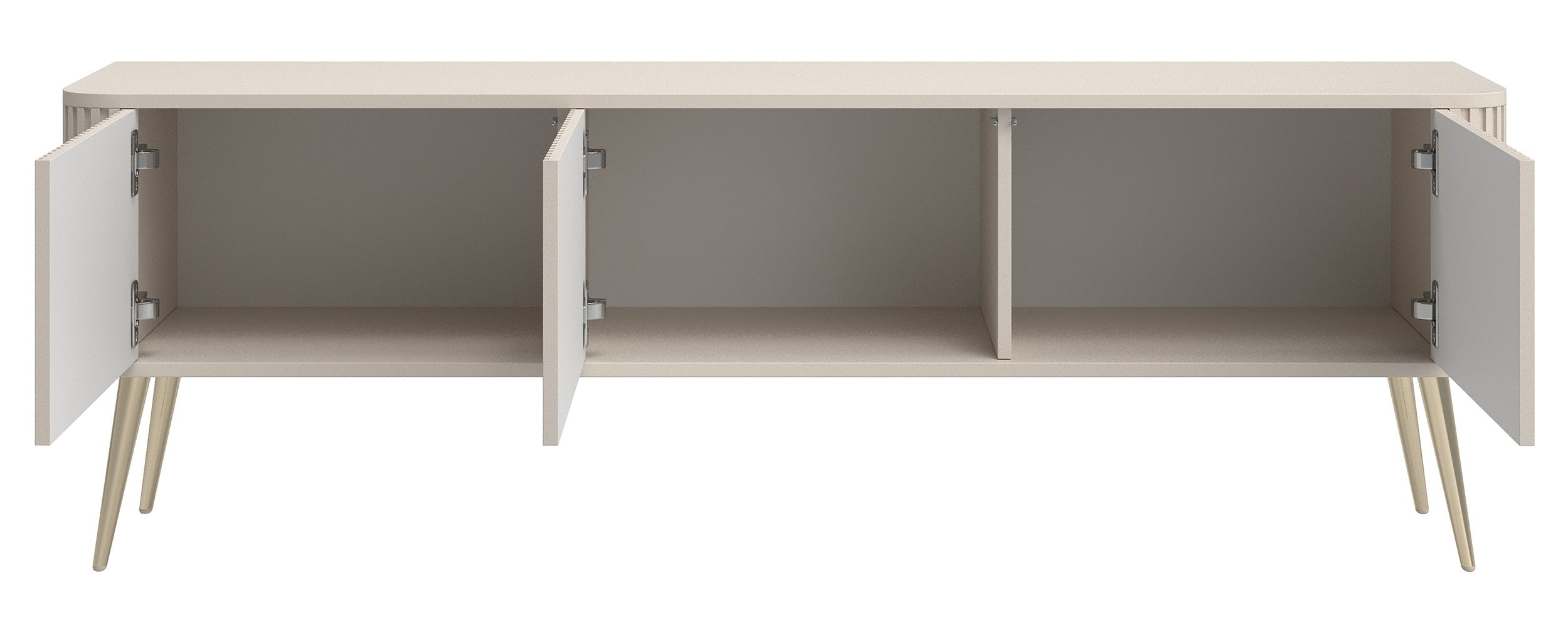 TV-Schrank Ovarlo mit Rillen, dreitürig, 163 cm, sandbeige mit goldenen Beinen