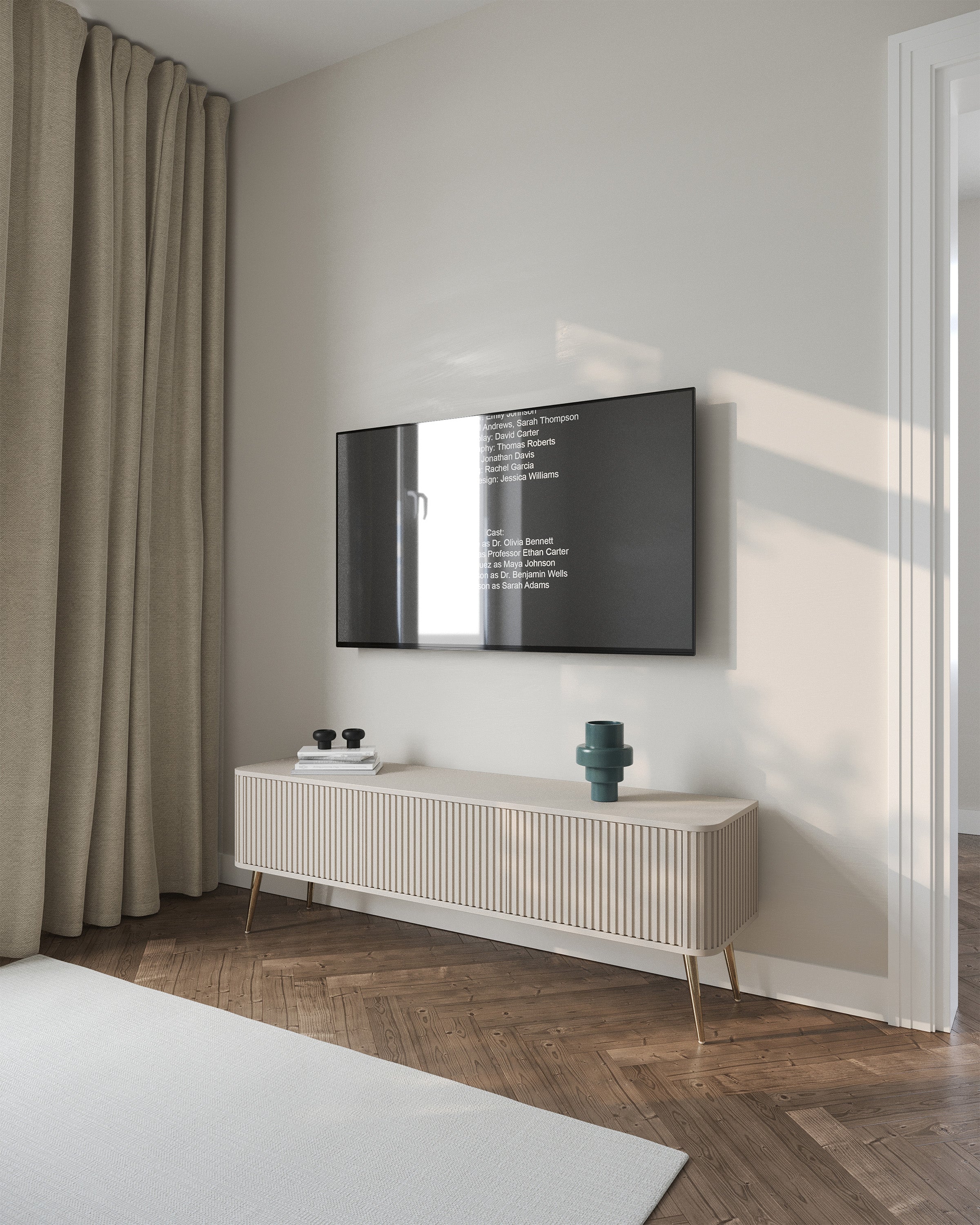 TV-Schrank Ovarlo mit Rillen, dreitürig, 163 cm, sandbeige mit goldenen Beinen
