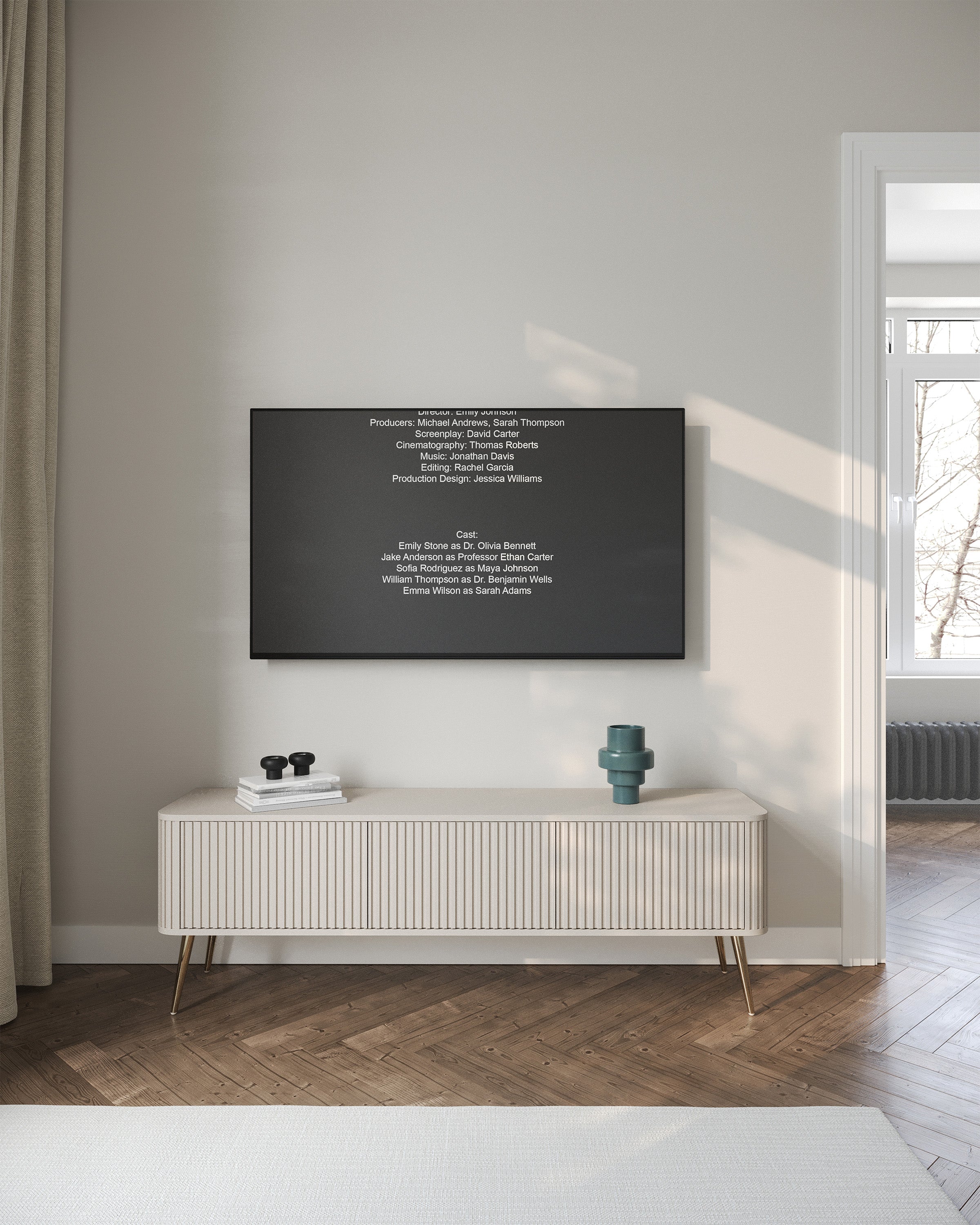 TV-Schrank Ovarlo mit Rillen, dreitürig, 163 cm, sandbeige mit goldenen Beinen
