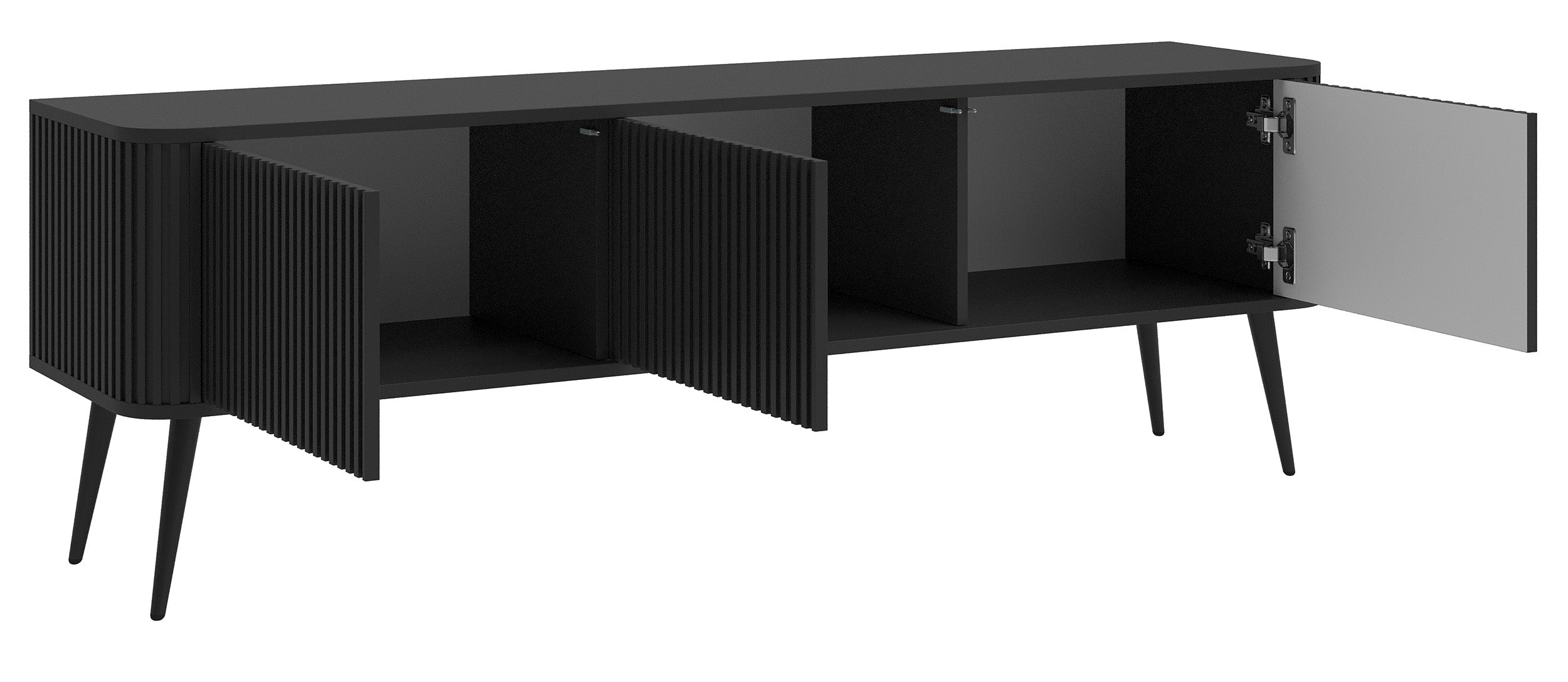 TV-Schrank Ovarlo mit Rillen, dreitürig, 163 cm, schwarz mit schwarzen Beinen