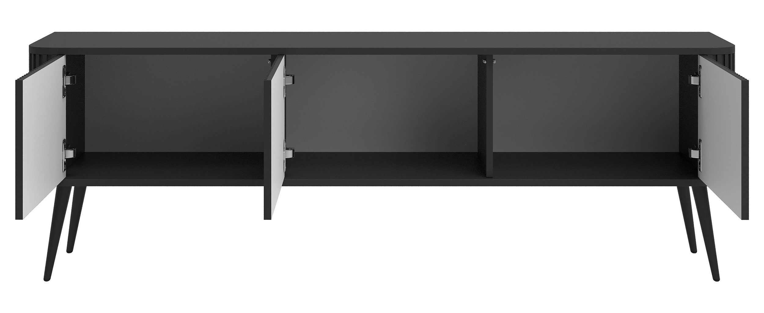 TV-Schrank Ovarlo mit Rillen, dreitürig, 163 cm, schwarz mit schwarzen Beinen