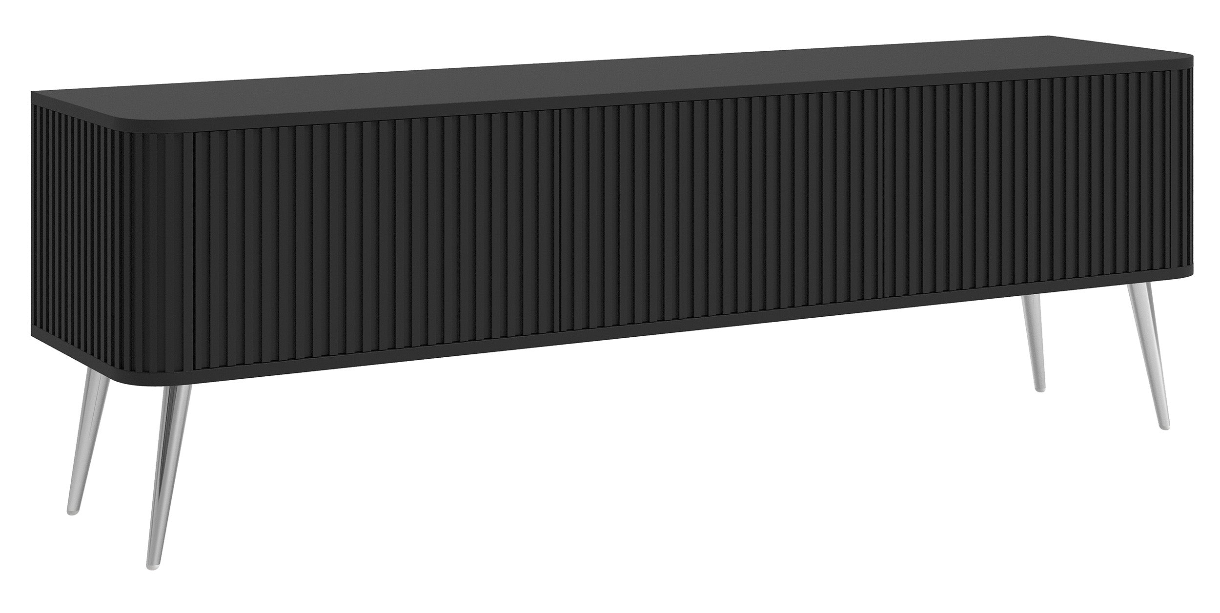 TV-Schrank Ovarlo mit Rillen, dreitürig, 163 cm, schwarz mit silbernen Beinen