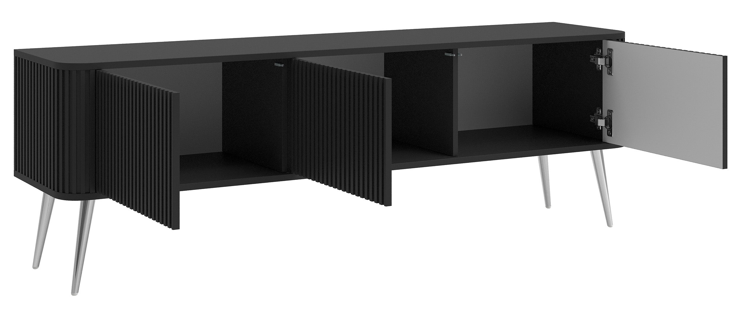 TV-Schrank Ovarlo mit Rillen, dreitürig, 163 cm, schwarz mit silbernen Beinen