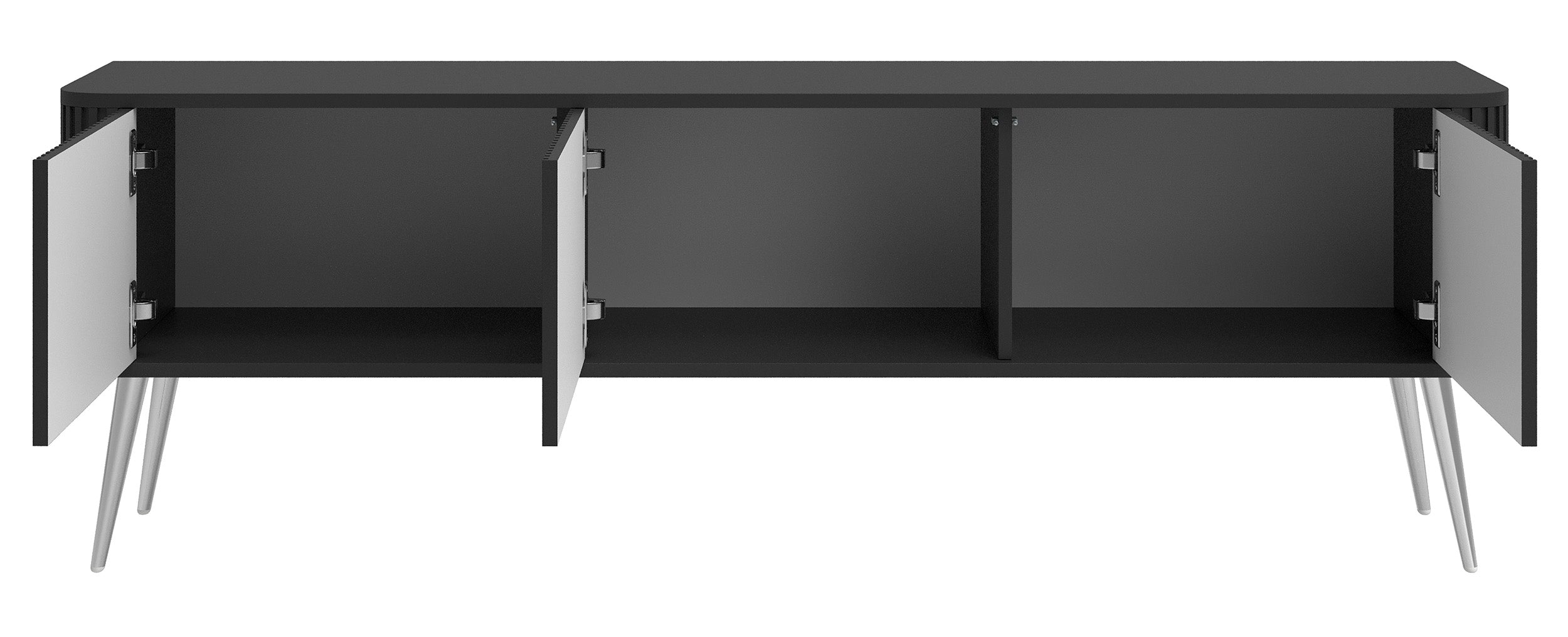 TV-Schrank Ovarlo mit Rillen, dreitürig, 163 cm, schwarz mit silbernen Beinen