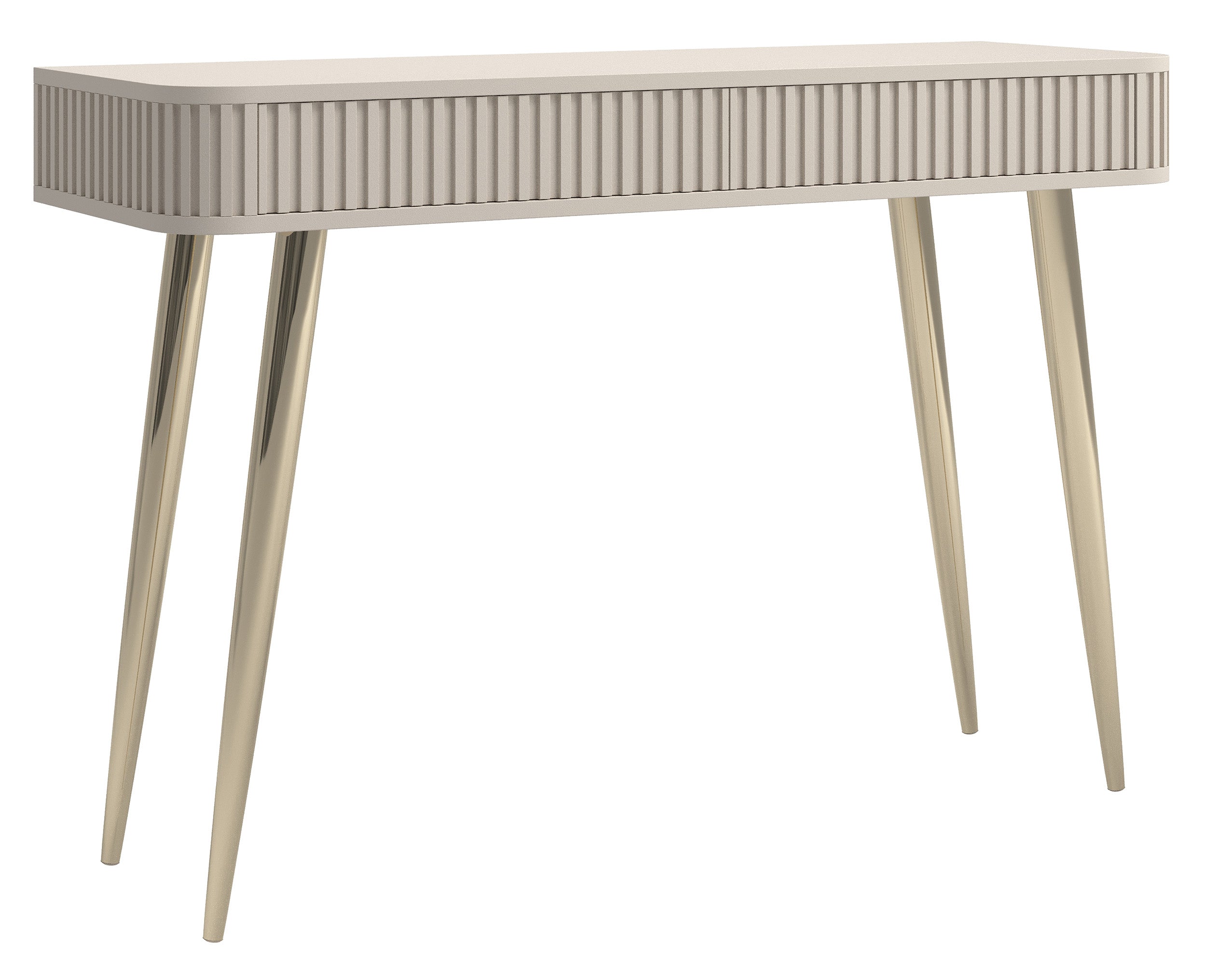Toilettentisch Ovarlo mit Rillen und zwei Schubladen, 113 cm, sandbeige mit goldenen Beinen