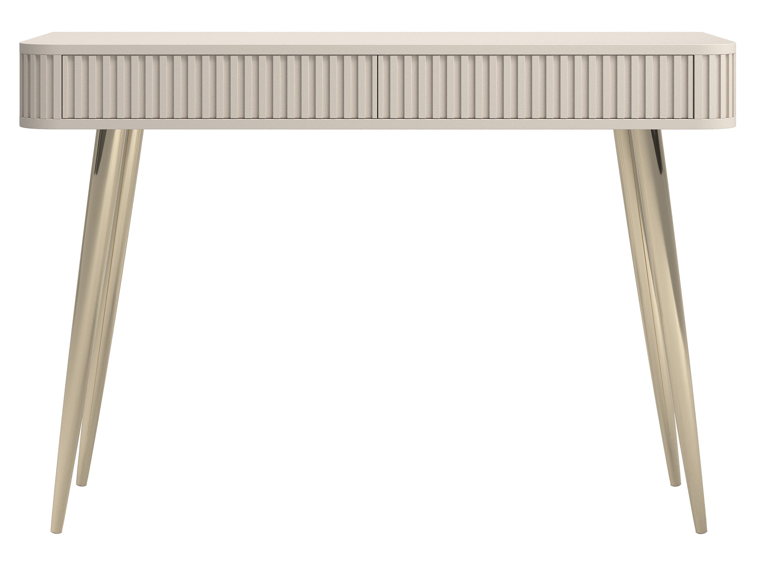 Toilettentisch Ovarlo mit Rillen und zwei Schubladen, 113 cm, sandbeige mit goldenen Beinen