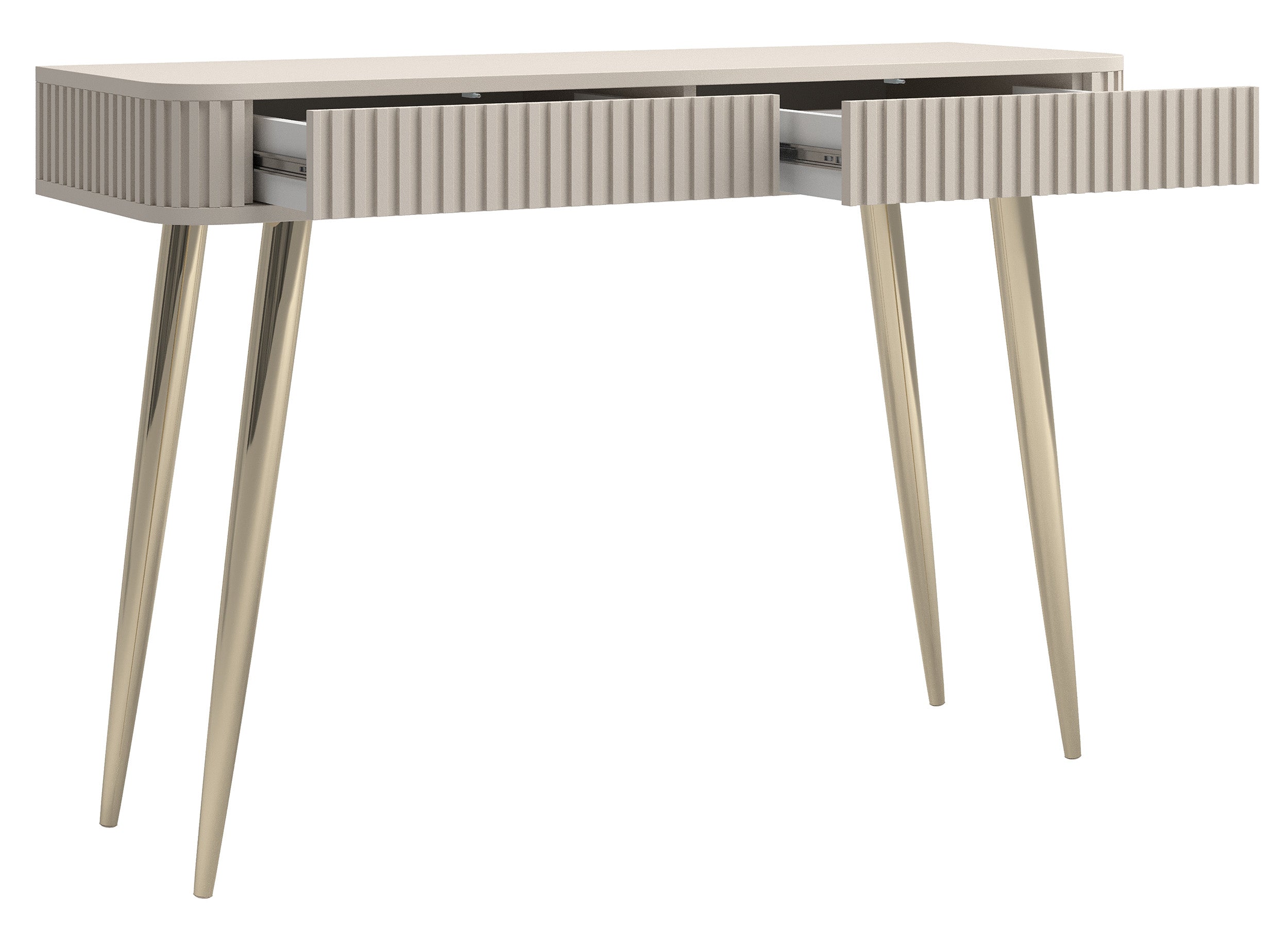 Toilettentisch Ovarlo mit Rillen und zwei Schubladen, 113 cm, sandbeige mit goldenen Beinen