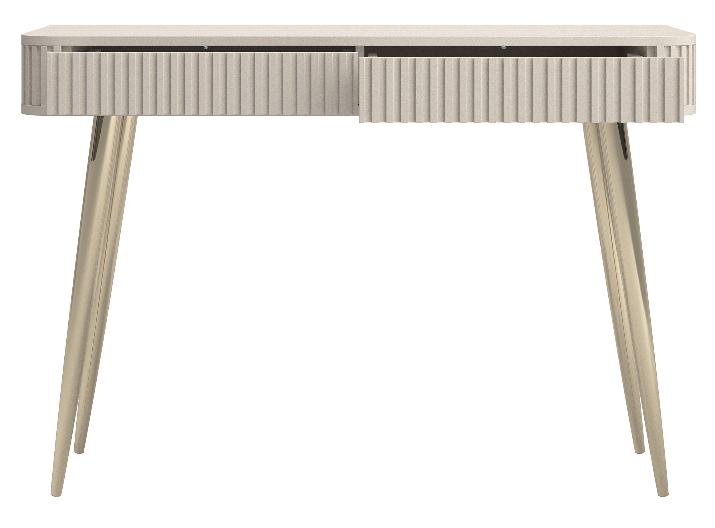 Toilettentisch Ovarlo mit Rillen und zwei Schubladen, 113 cm, sandbeige mit goldenen Beinen