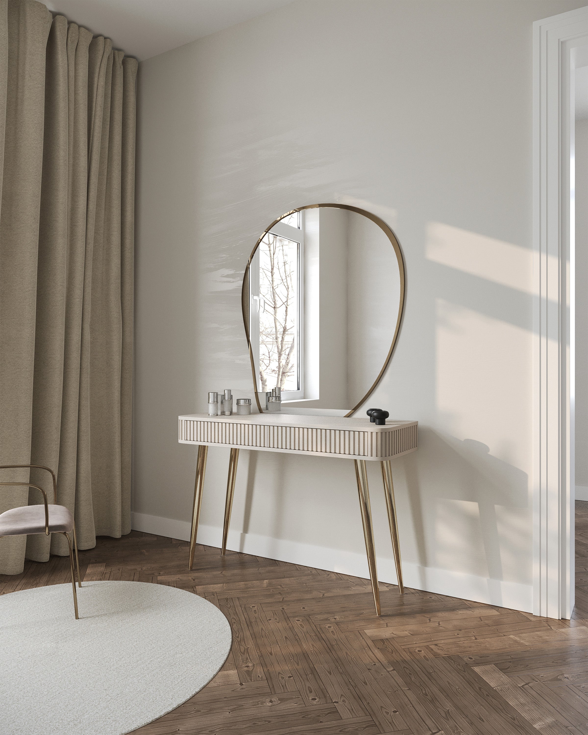 Toilettentisch Ovarlo mit Rillen und zwei Schubladen, 113 cm, sandbeige mit goldenen Beinen