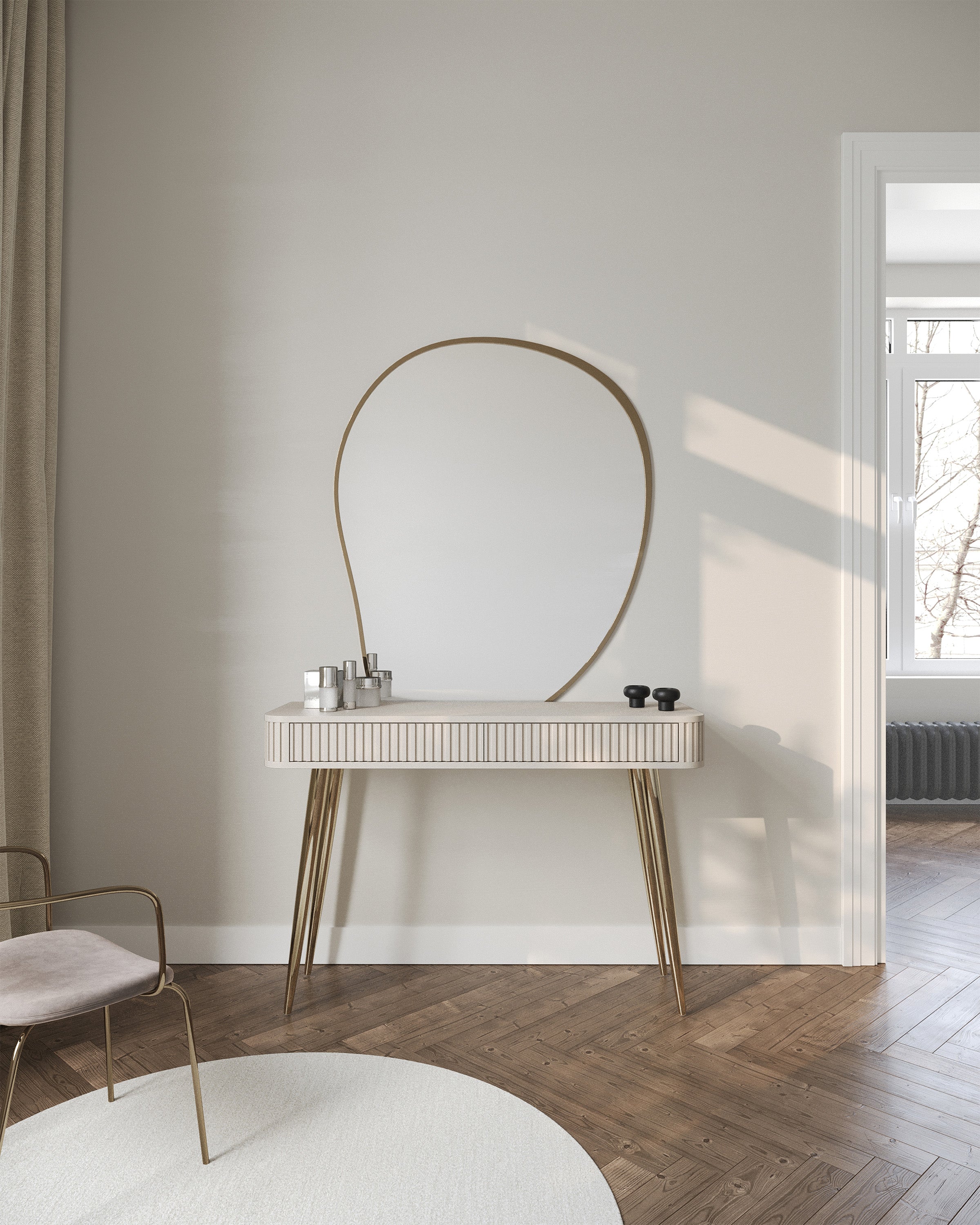 Toilettentisch Ovarlo mit Rillen und zwei Schubladen, 113 cm, sandbeige mit goldenen Beinen