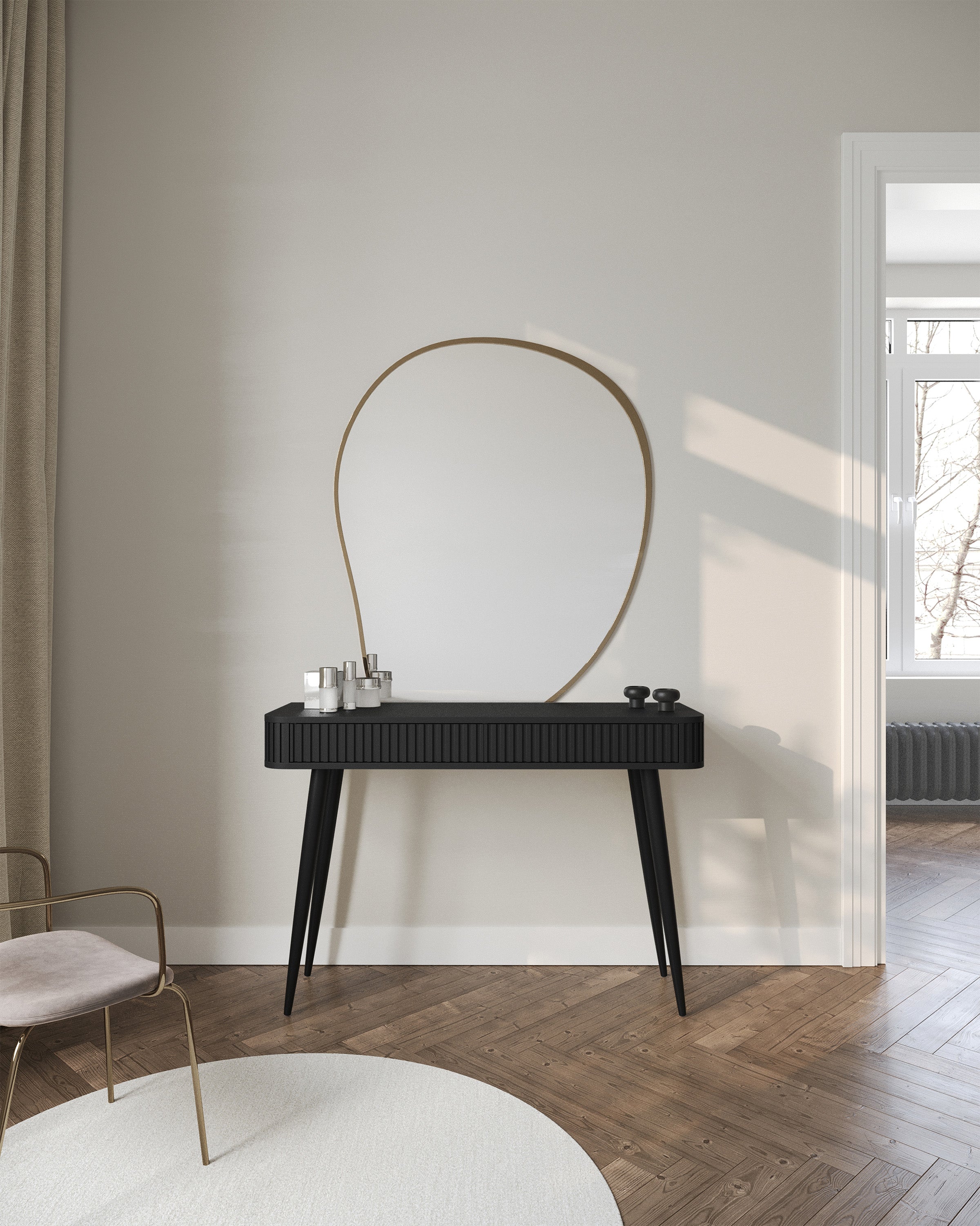Ovarlo Schminktisch mit Rillen und zwei Schubladen, 113 cm, schwarz mit schwarzen Beinen