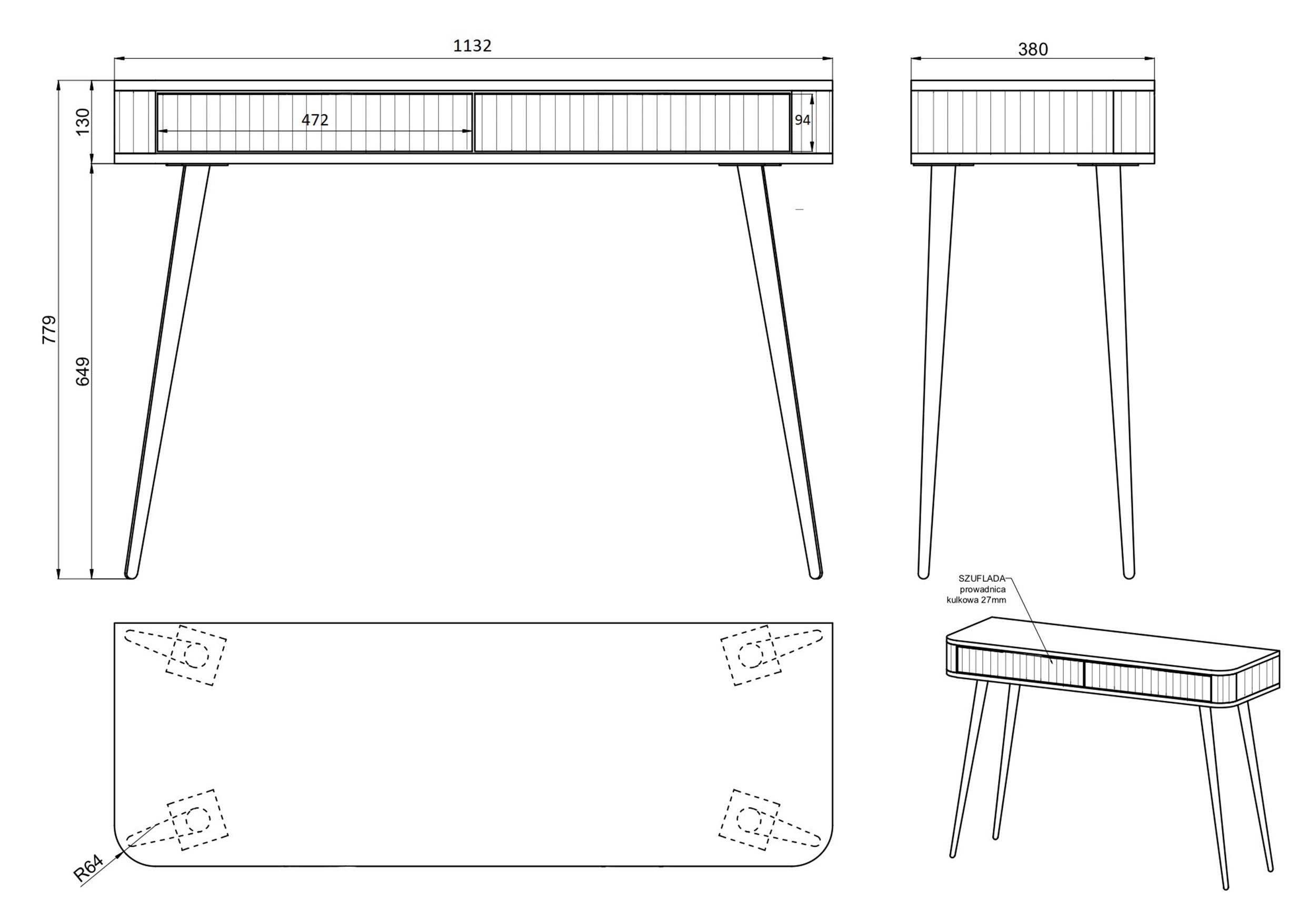 Ovarlo Schminktisch mit Rillen und zwei Schubladen, 113 cm, schwarz mit schwarzen Beinen