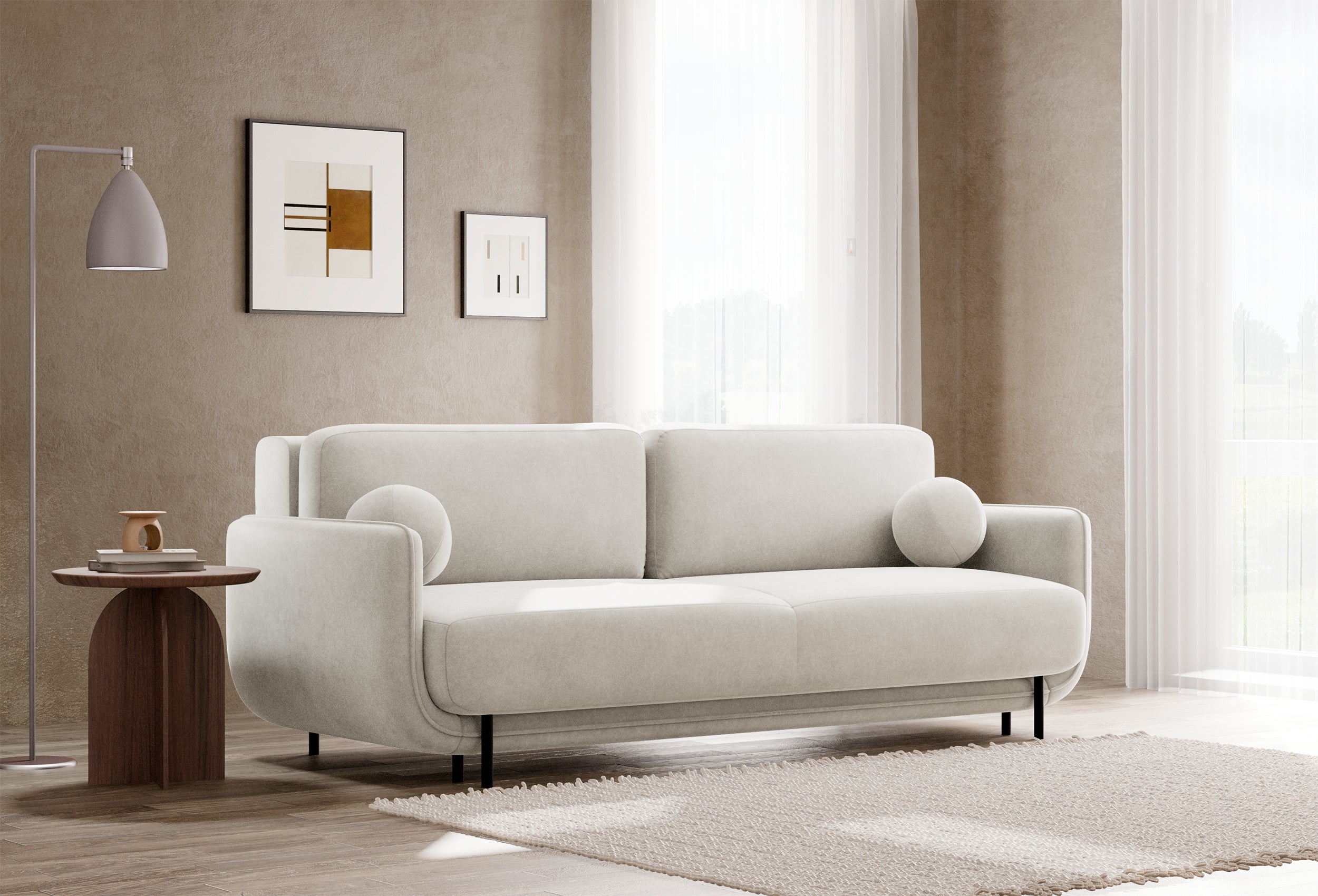 Drei-Sitzer-Schlafsofa Ovals, cremefarbener Samt