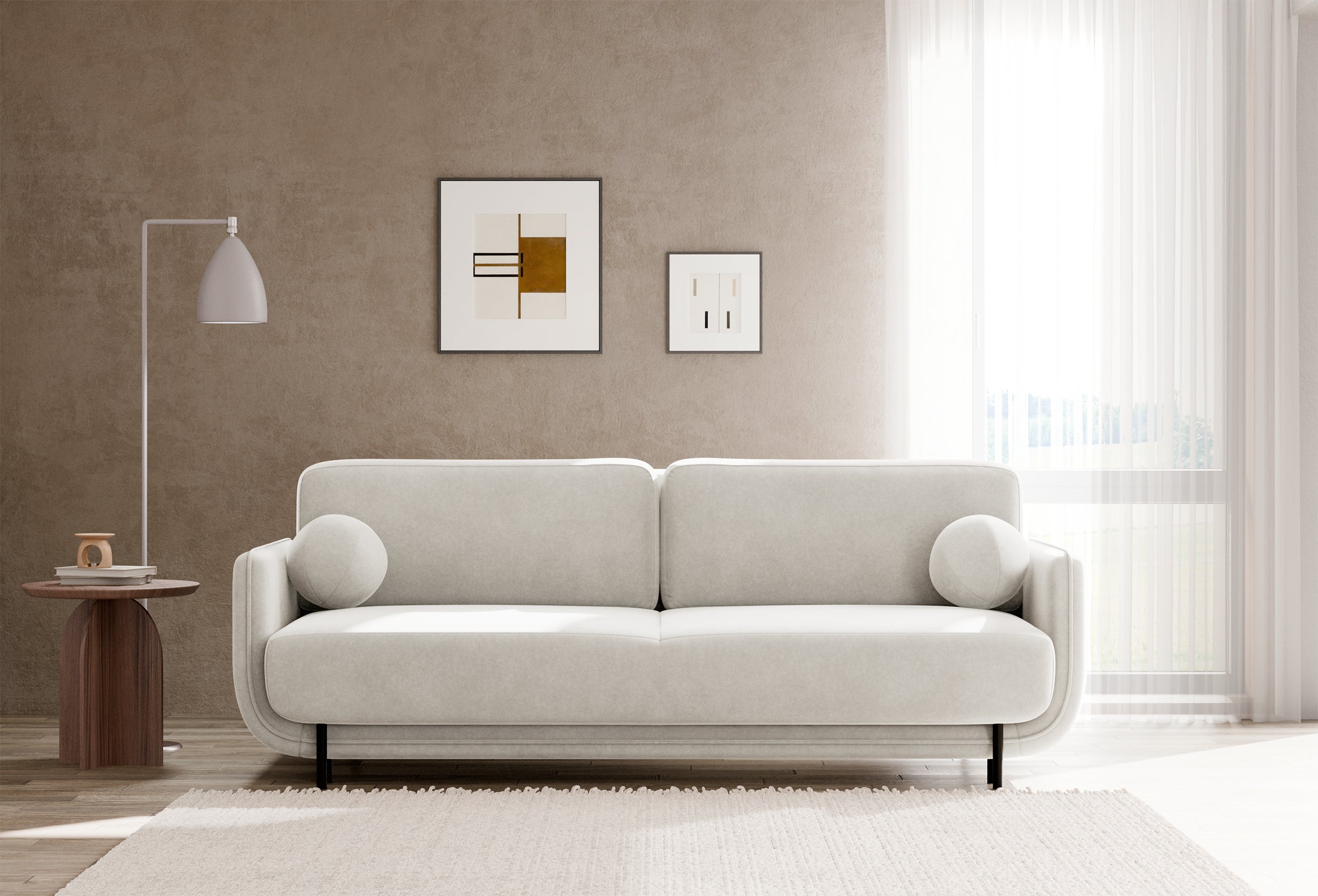 Drei-Sitzer-Schlafsofa Ovals, cremefarbener Samt