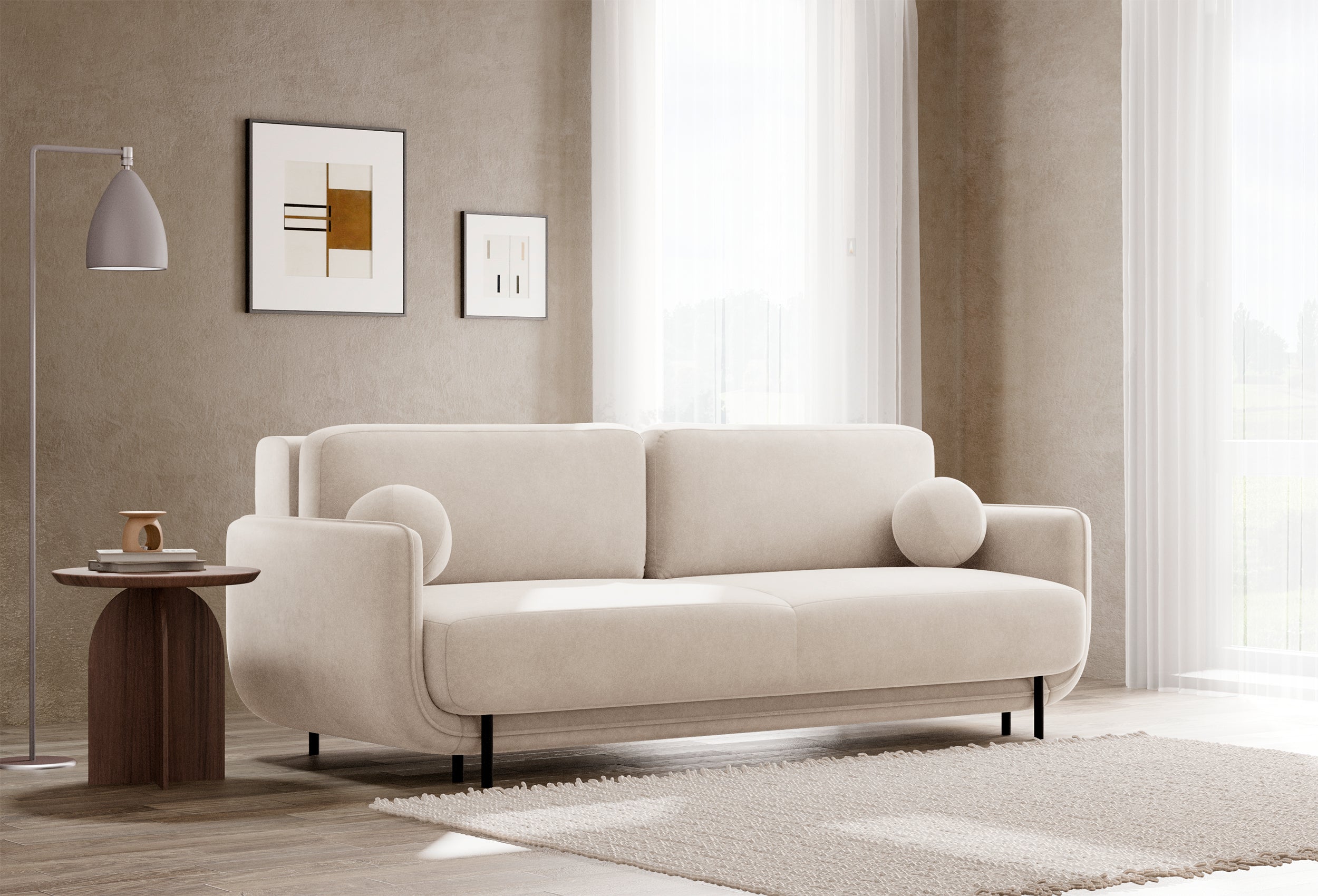 Dreisitziges ausklappbares Sofa Ovals in hellbeigem Samt